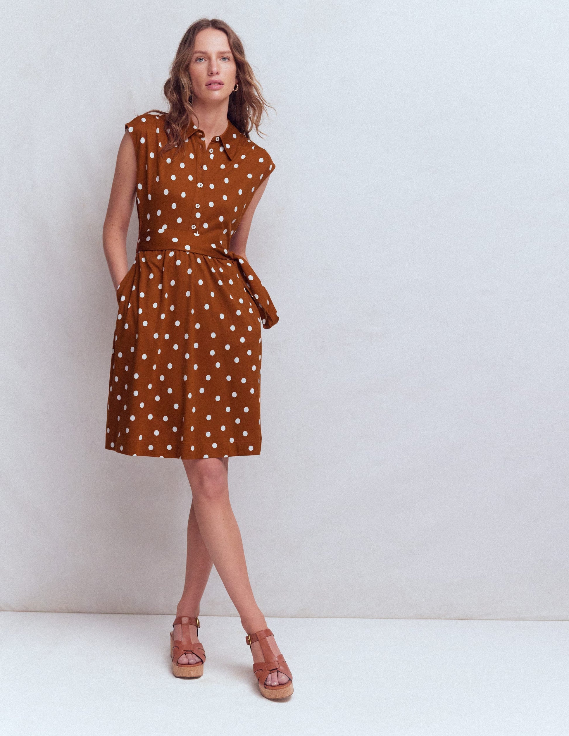 Honor Short Jersey Shirt Dress-Cognac, Painted Dot Spaced-1