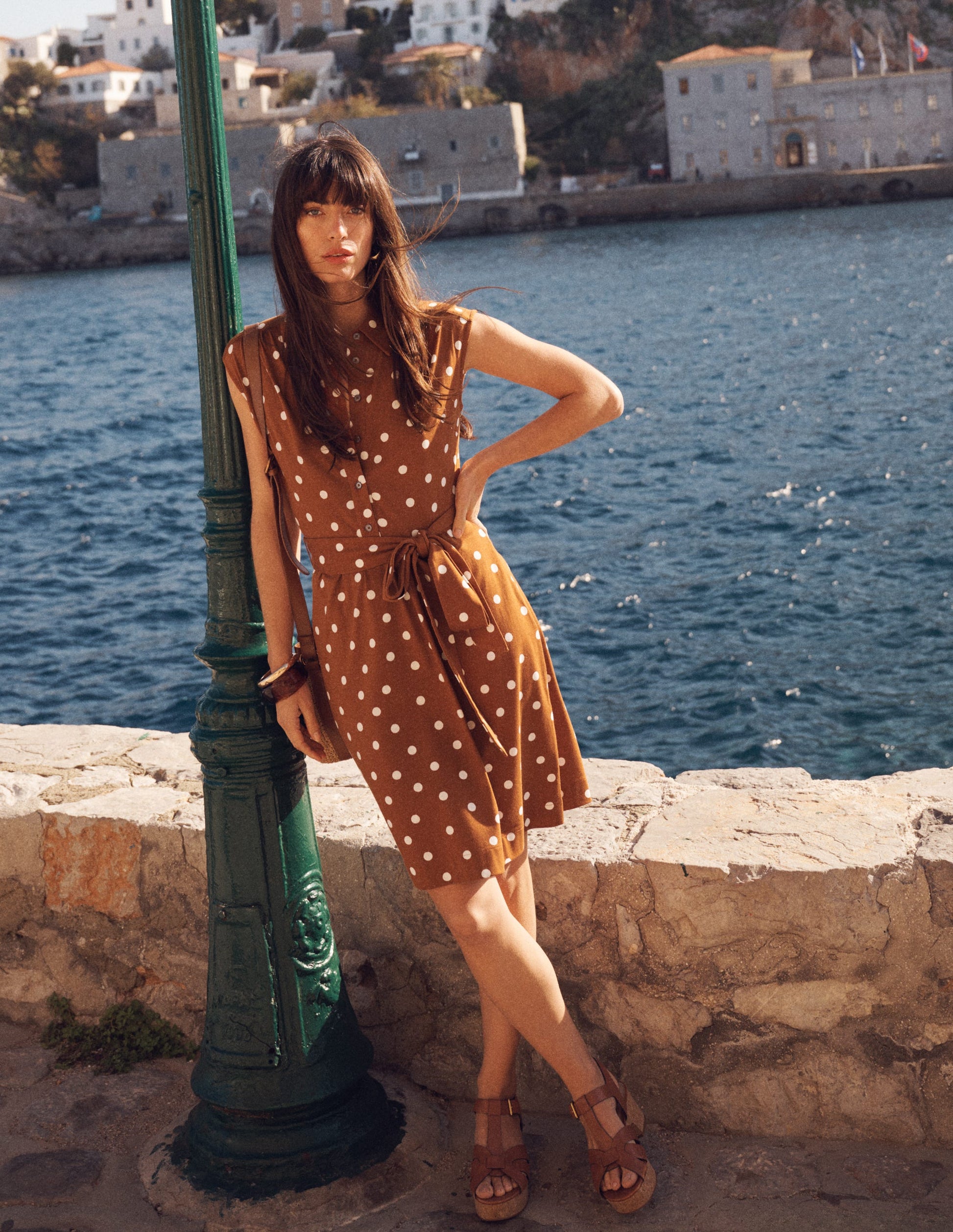 Honor Short Jersey Shirt Dress-Cognac, Painted Dot Spaced-6