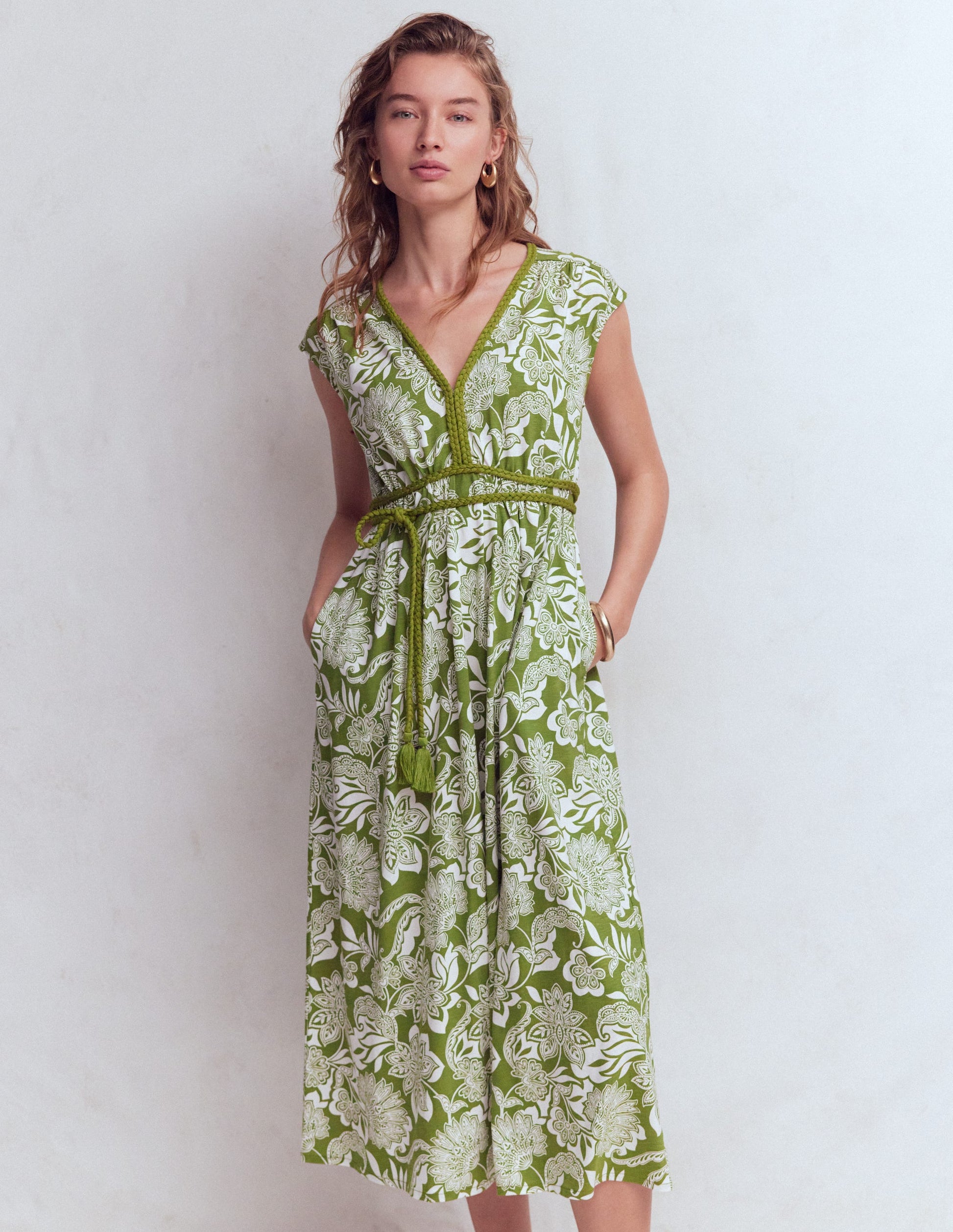 Heidi Ruched Rope Jersey Dress-Olive, Elegant Blossom-4