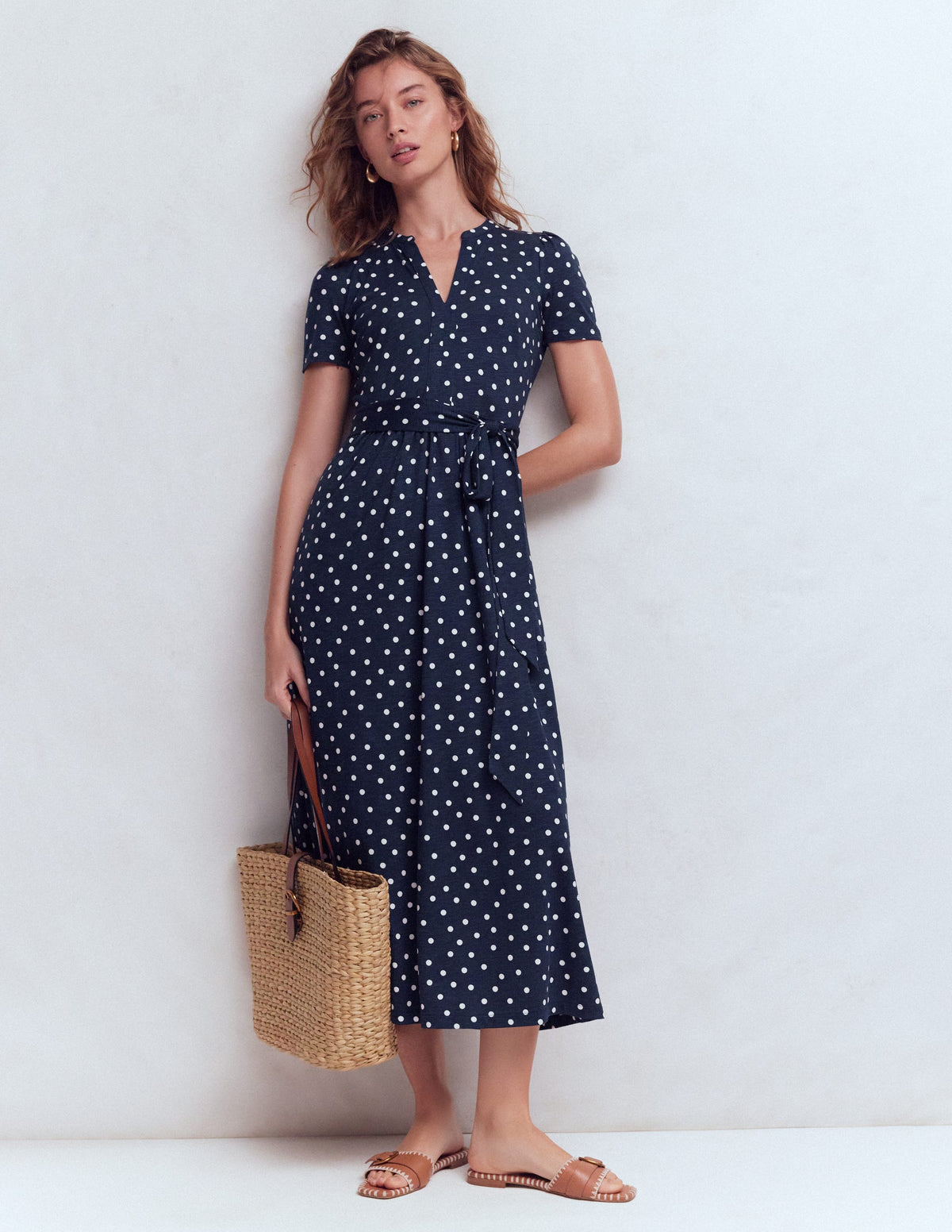 Naomi Jersey Midi Dress-Navy and Ivory, Painted Dot - Image 1
