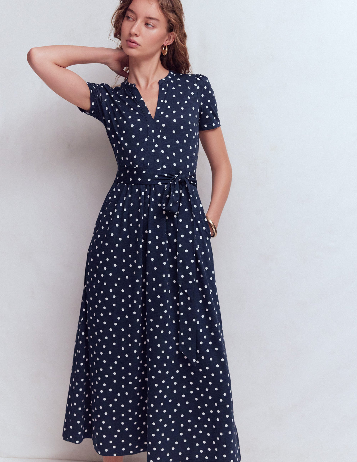 Naomi Jersey Midi Dress-Navy and Ivory, Painted Dot - Image 4