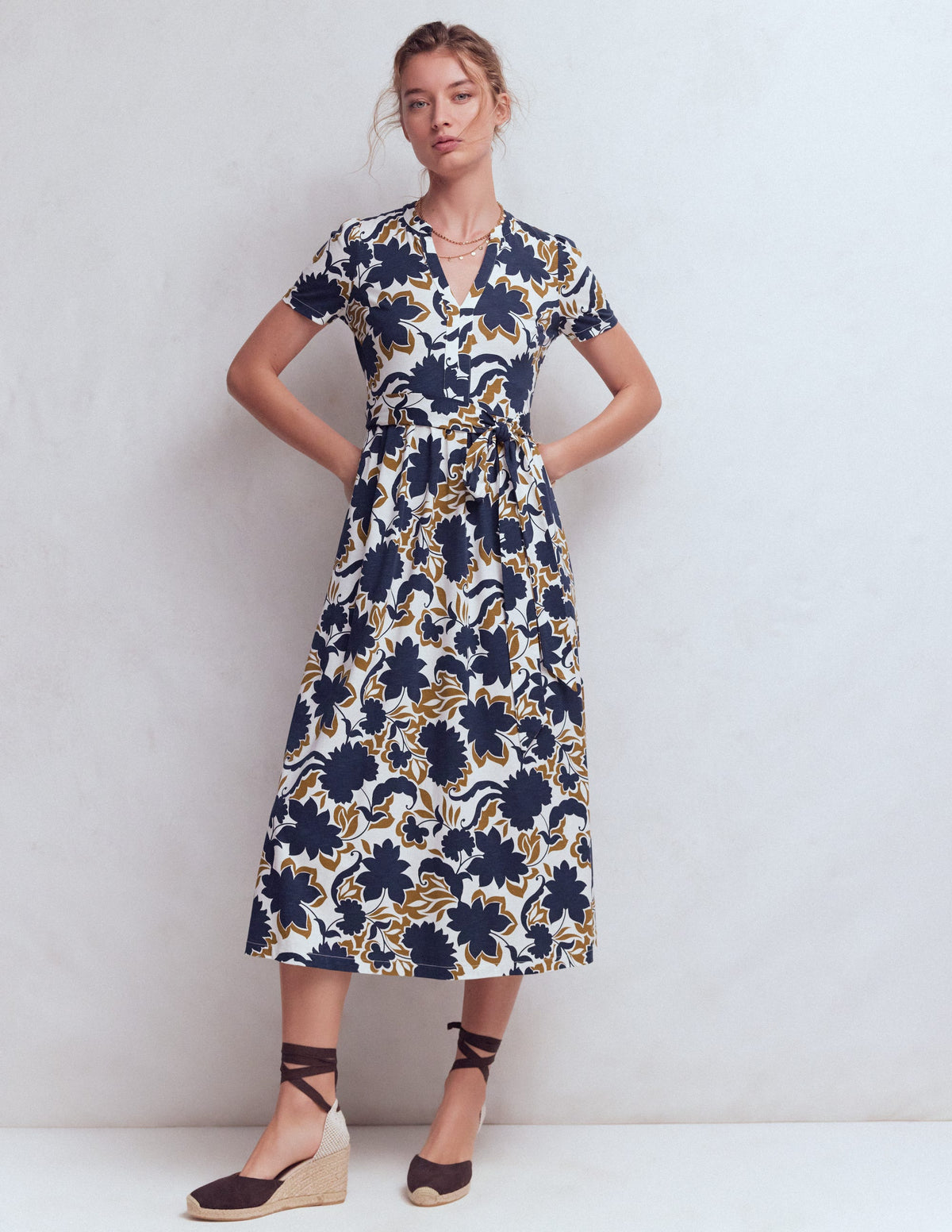 Naomi Jersey Midi Dress-French Navy, Shadow Blossom - Image 1