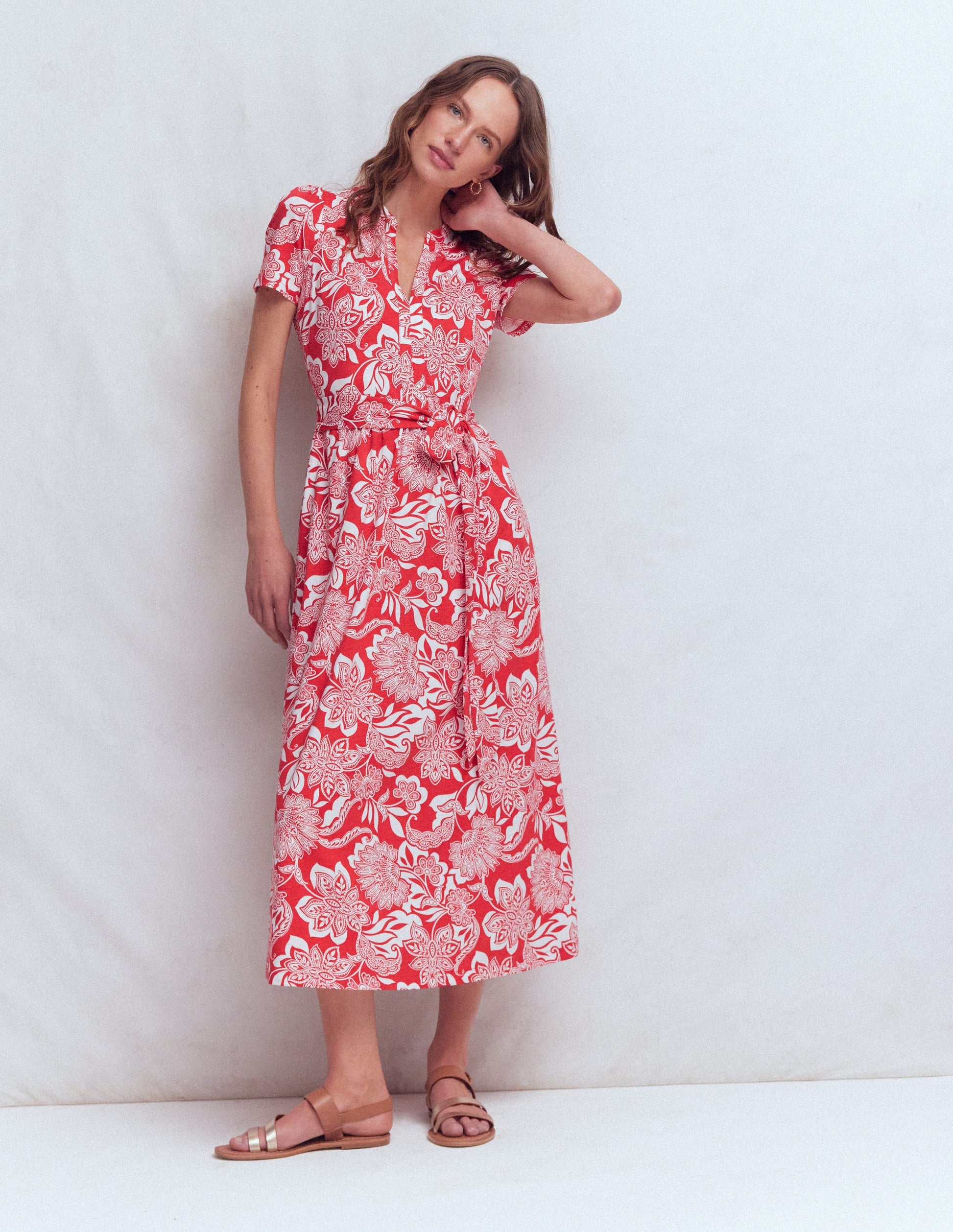 Naomi Jersey Midi Dress-Blood Orange, Elegant Blossom-1