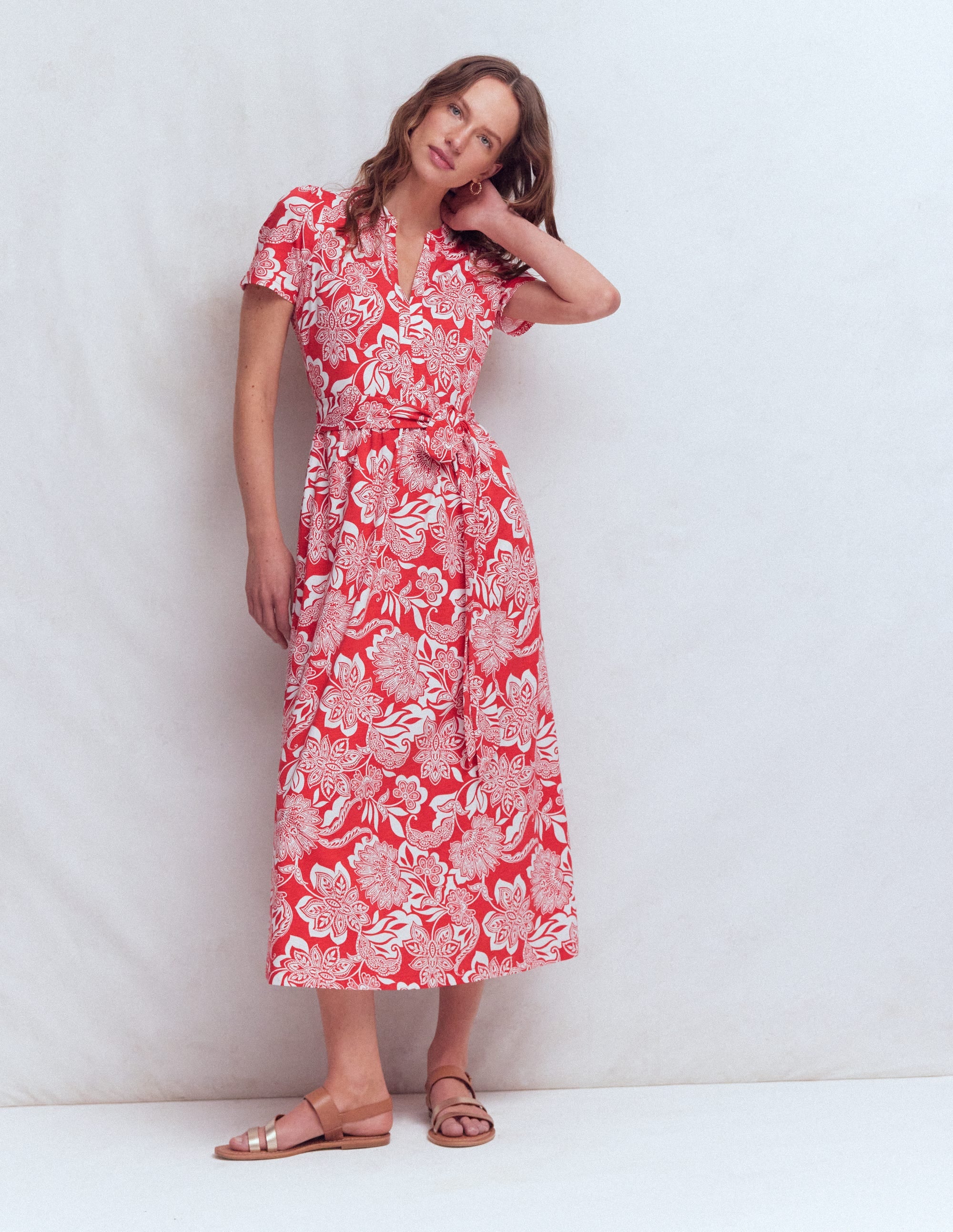 Naomi Jersey Midi Dress-Blood Orange, Elegant Blossom - Image 1