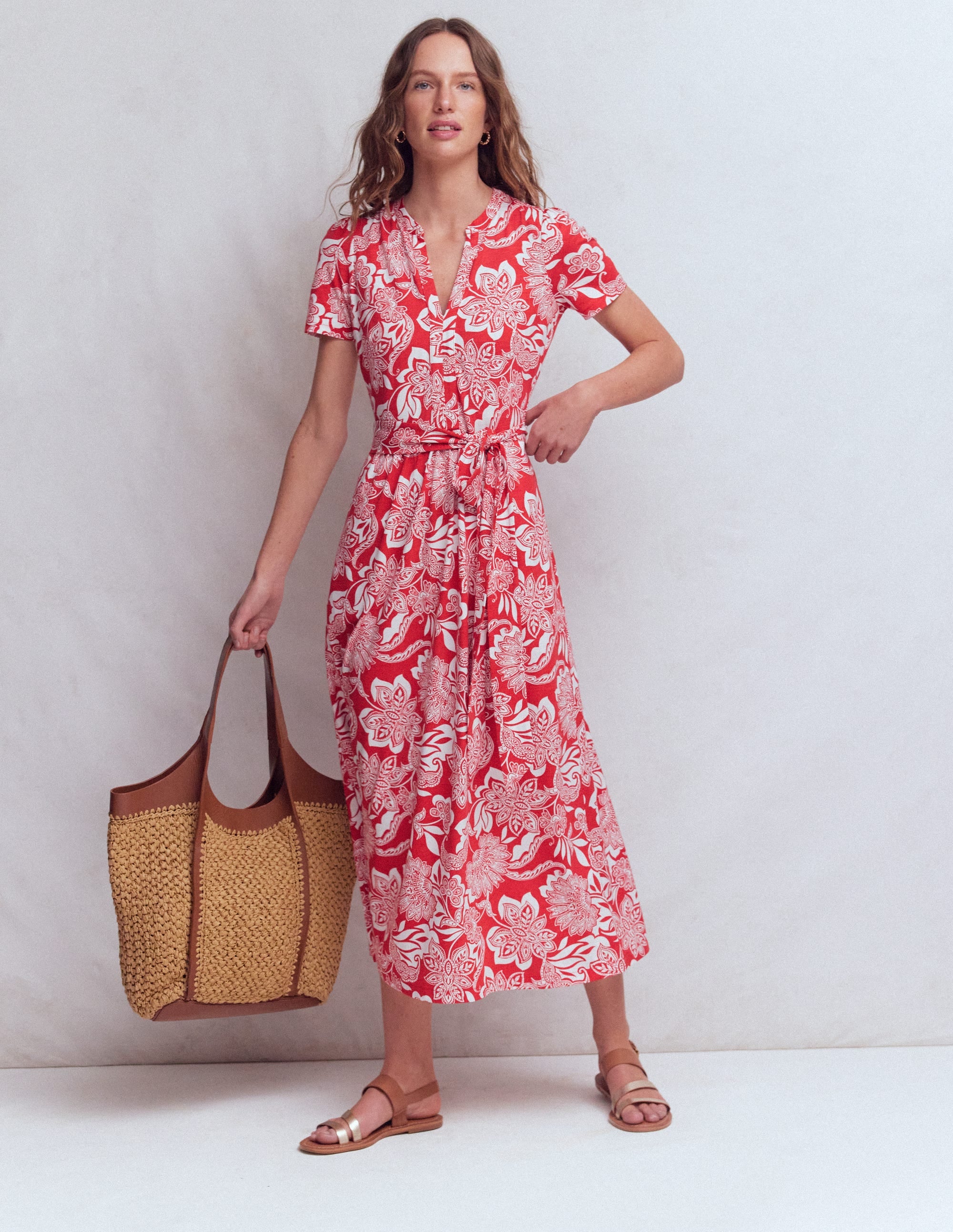 Naomi Jersey Midi Dress-Blood Orange, Elegant Blossom - Image 4