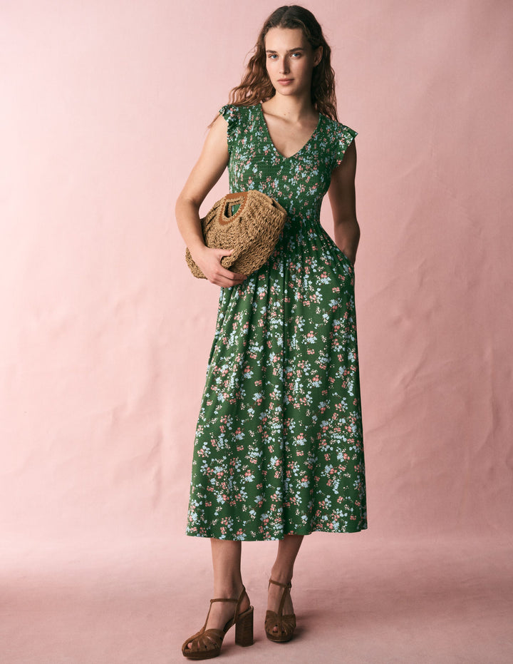 Smocked Jersey Midi Dress-Promenade Green, Bloom Scatter