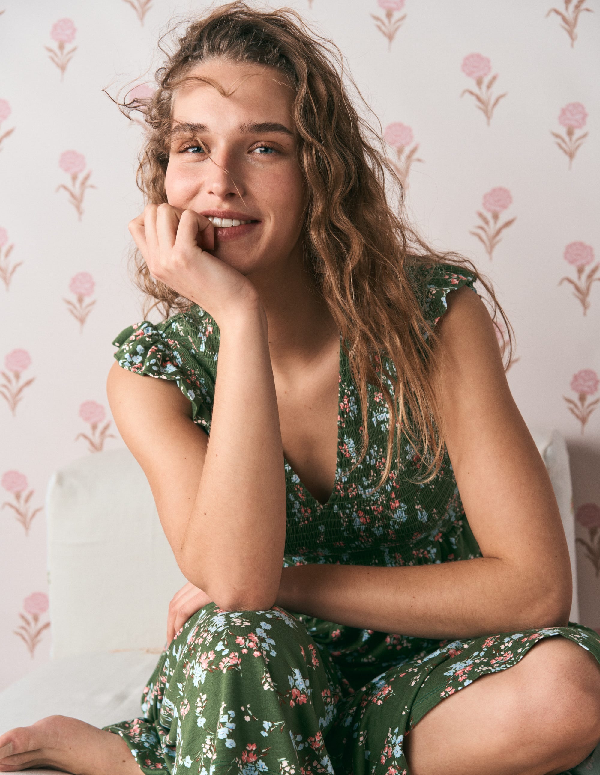 Smocked Jersey Midi Dress-Promenade Green, Bloom Scatter - Image 7