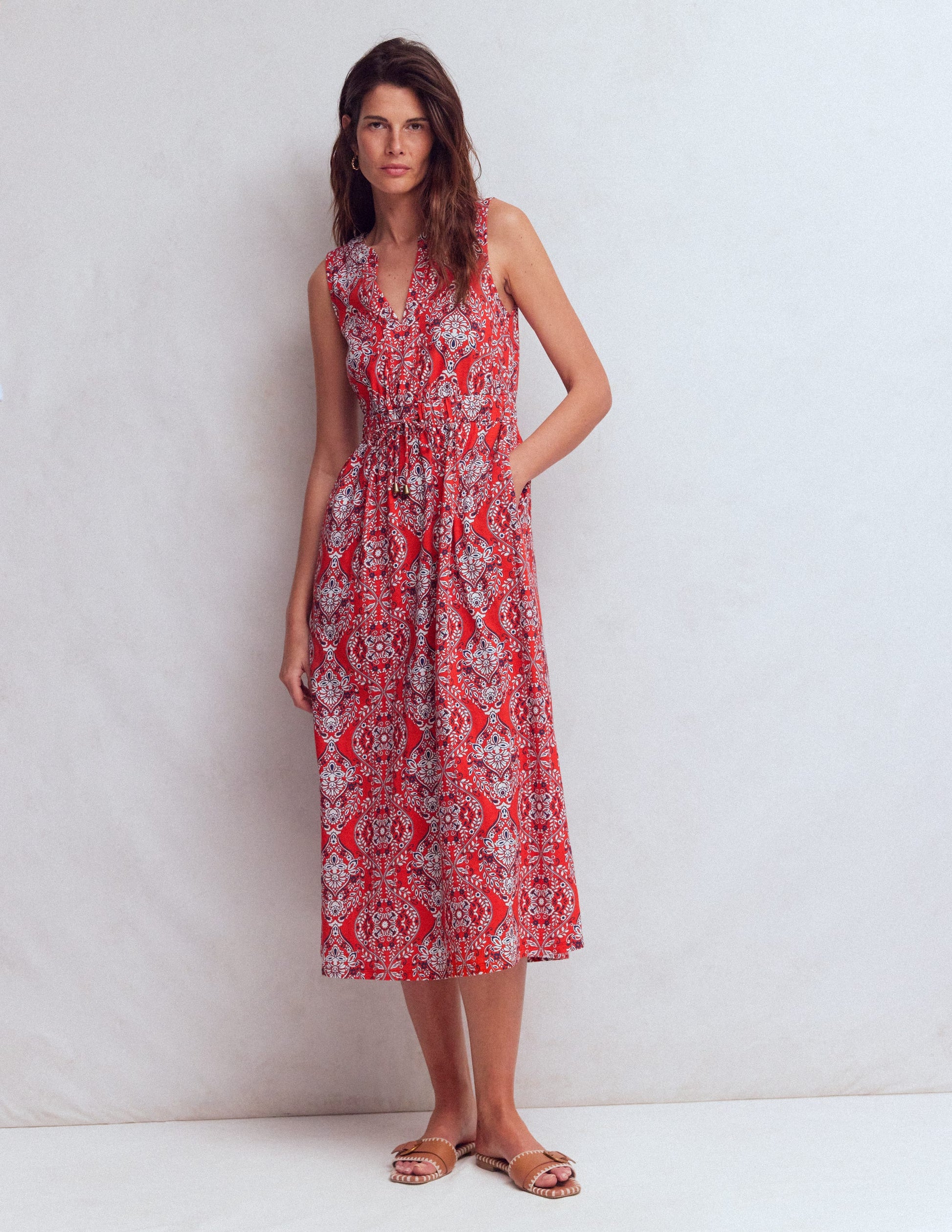 Delphine Midi Jersey Dress-Blood Orange, Gardenia-1