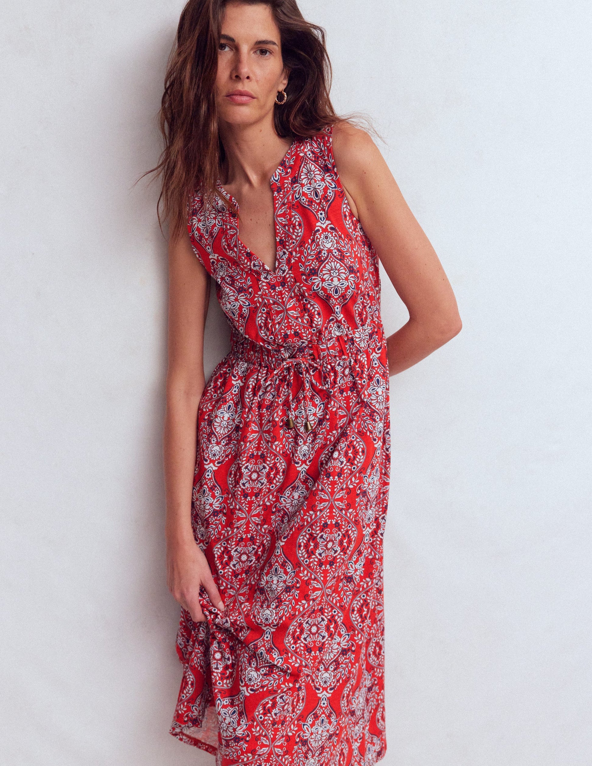 Delphine Midi Jersey Dress-Blood Orange, Gardenia-4