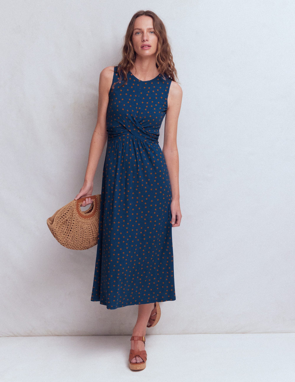 Zara Cross Waist Jersey Dress-Tourmaline Blue, Painted Dot - Image 1