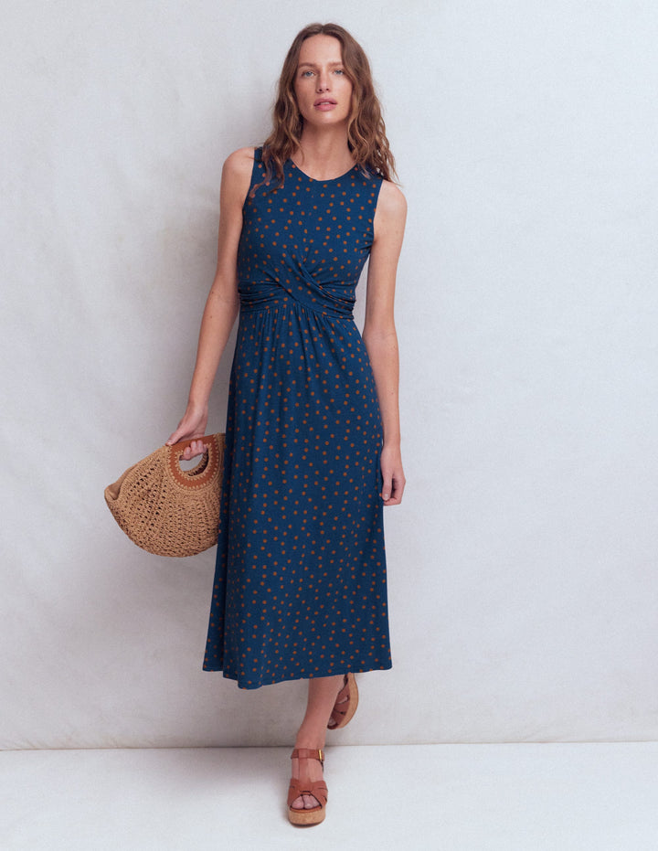 Zara Cross Waist Jersey Dress-Tourmaline Blue, Painted Dot