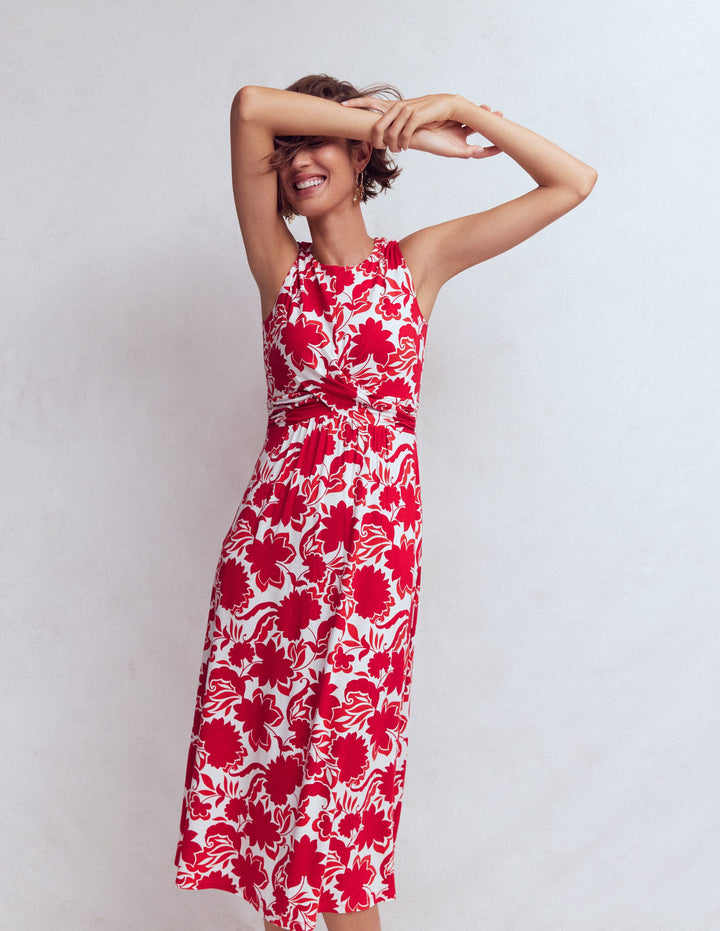 Zara Cross Waist Jersey Dress-Merida Red, Shadow Blossom