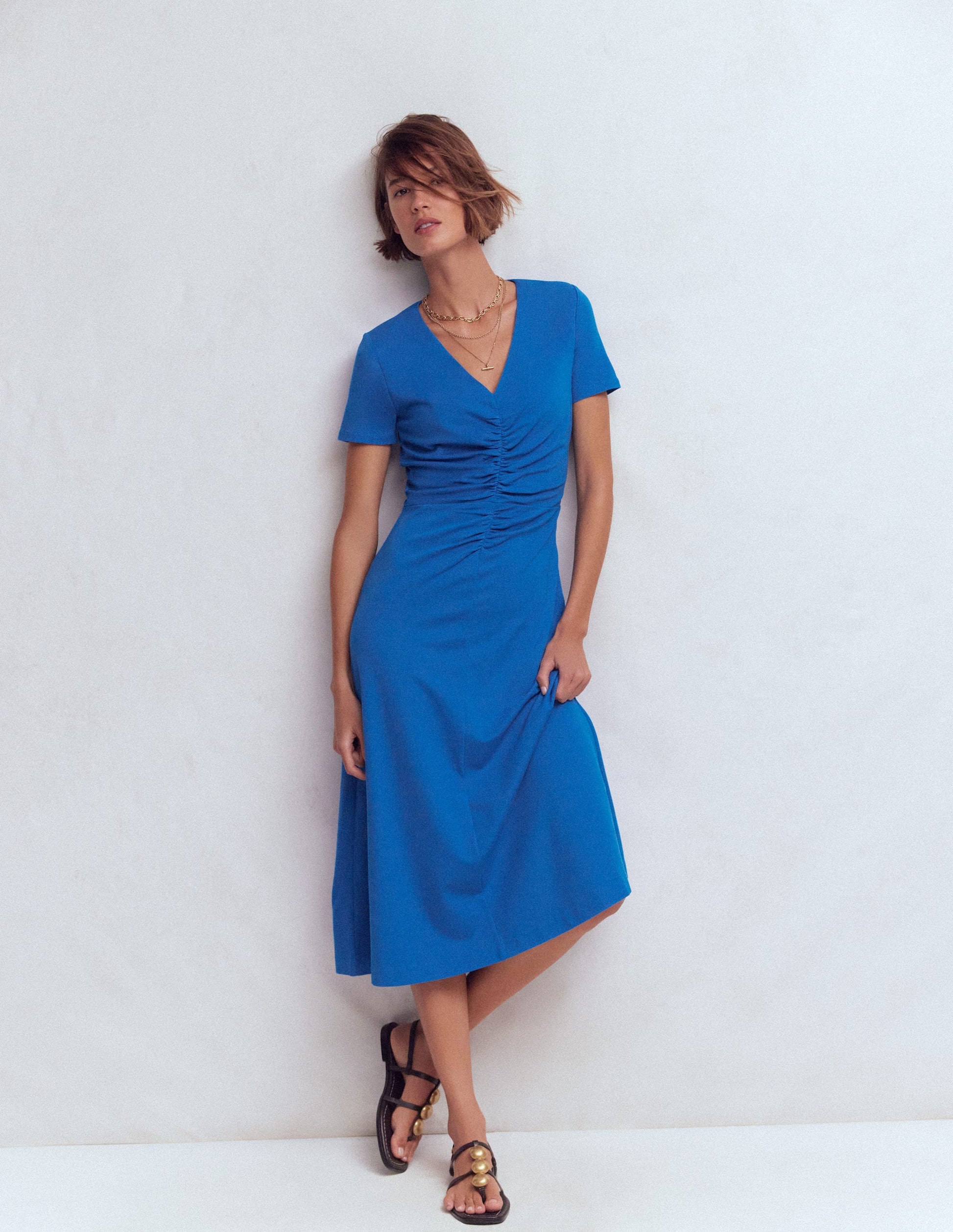 Una Ruched Front Ponte Dress-Kingfisher Blue-1