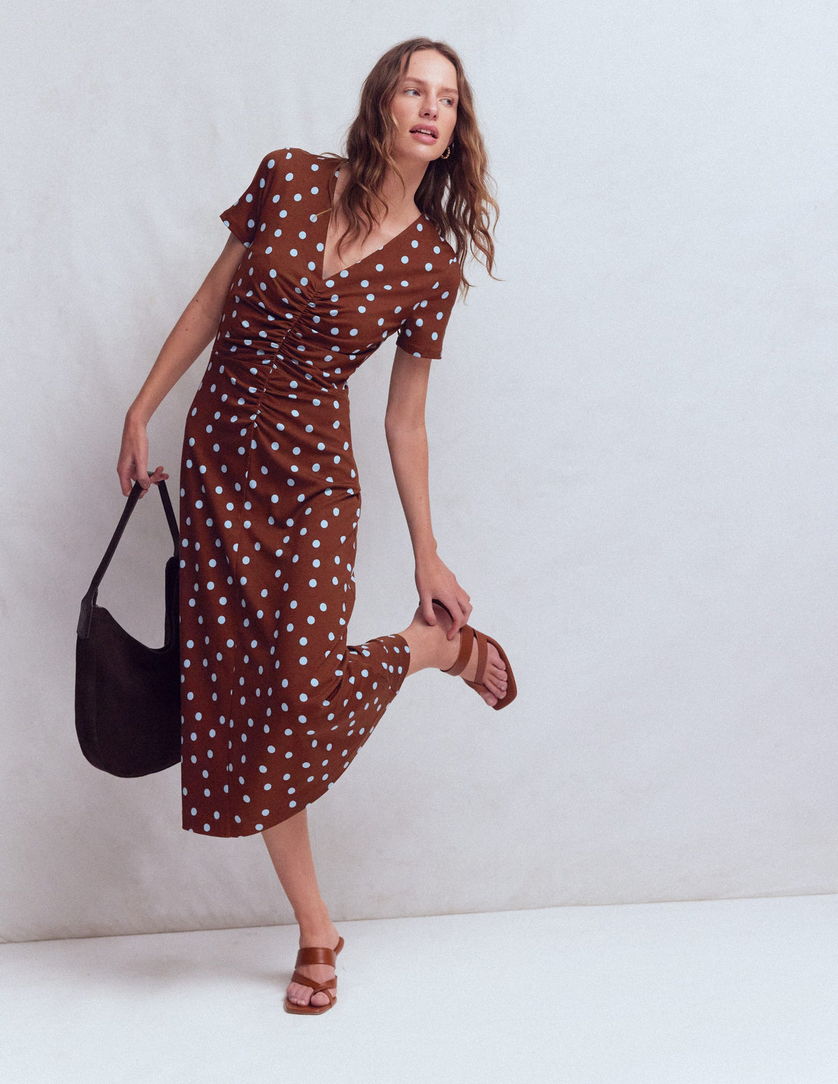 Una Ruched Front Ponte Dress-Raw Umber, Painted Dot - Image 1