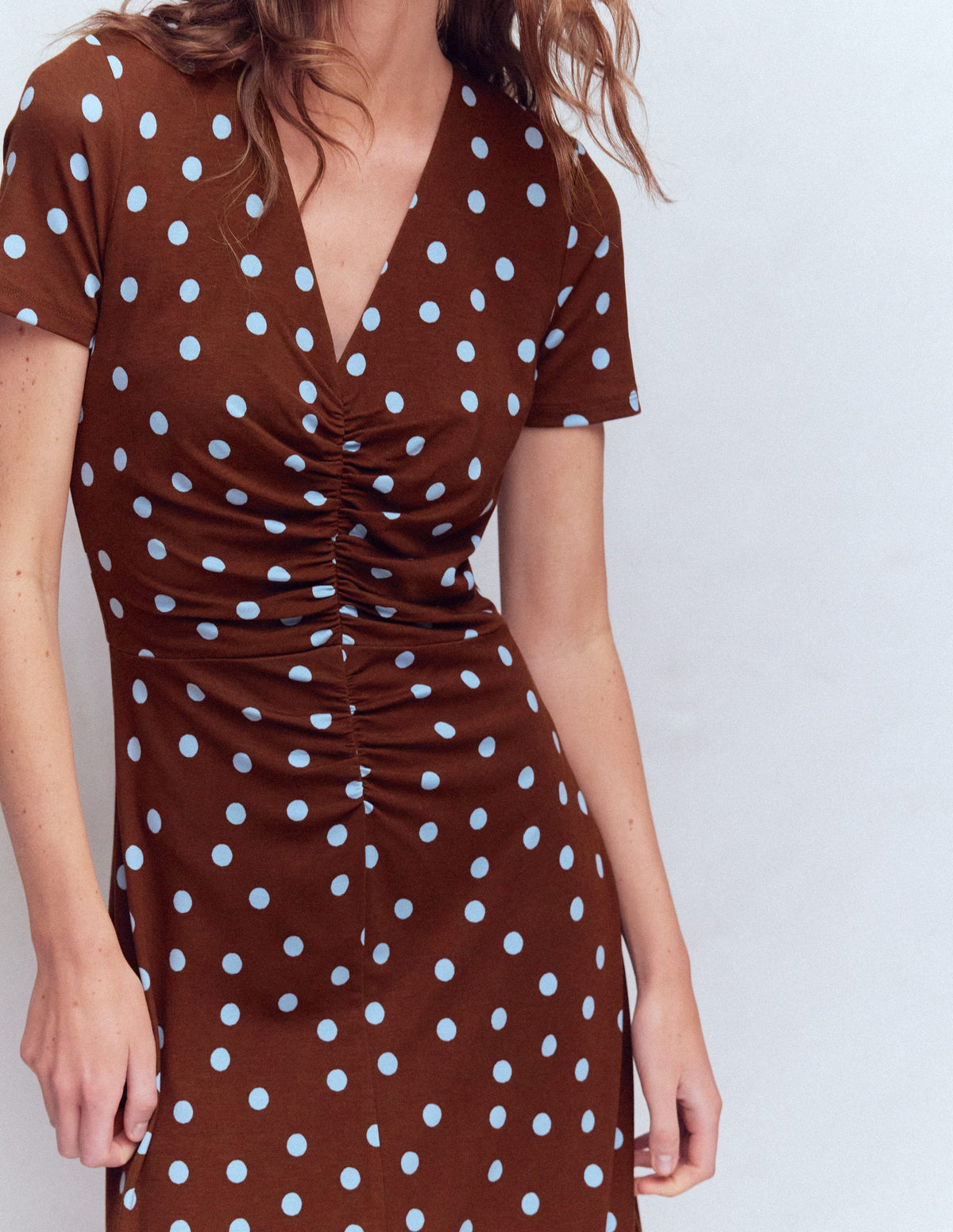 Una Ruched Front Ponte Dress-Raw Umber, Painted Dot - Image 2