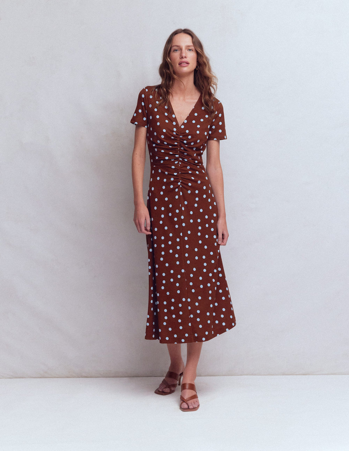 Una Ruched Front Ponte Dress-Raw Umber, Painted Dot - Image 4