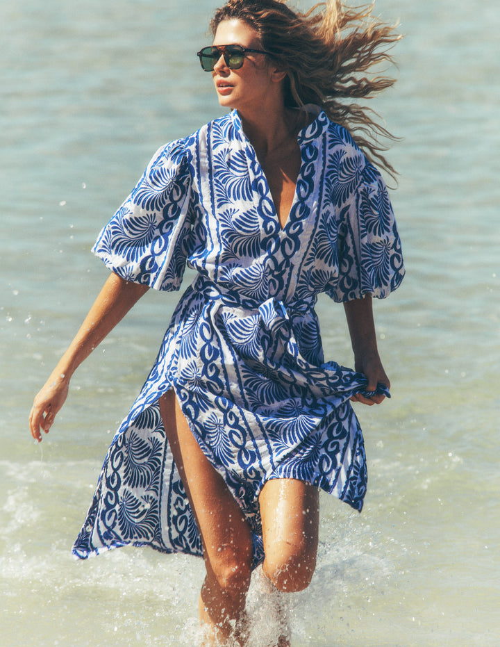 Octavia Cotton Dress-Blue Ivory Embroidery