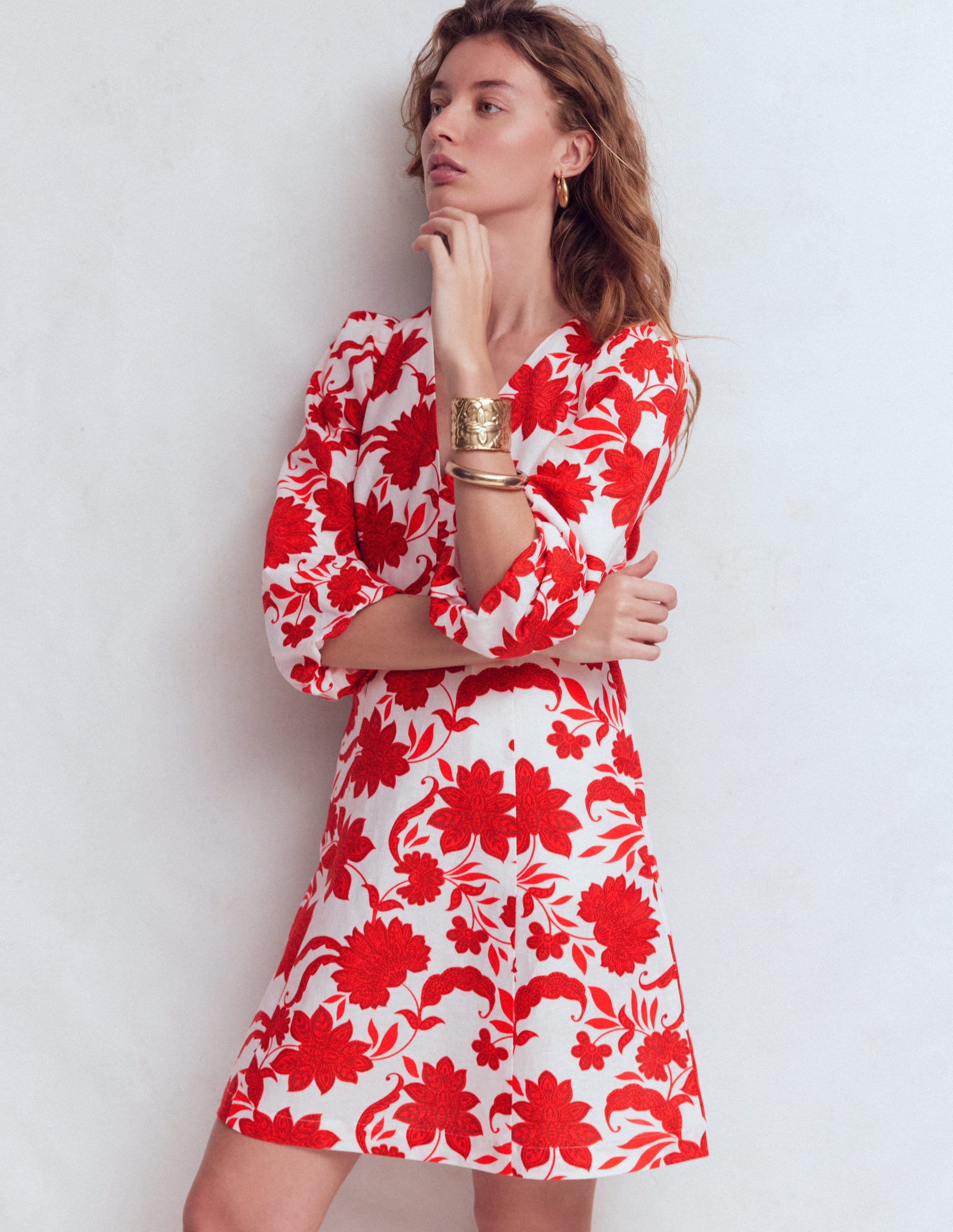 Marla Linen Blend Short Dress-Red Elegant Blossom-1