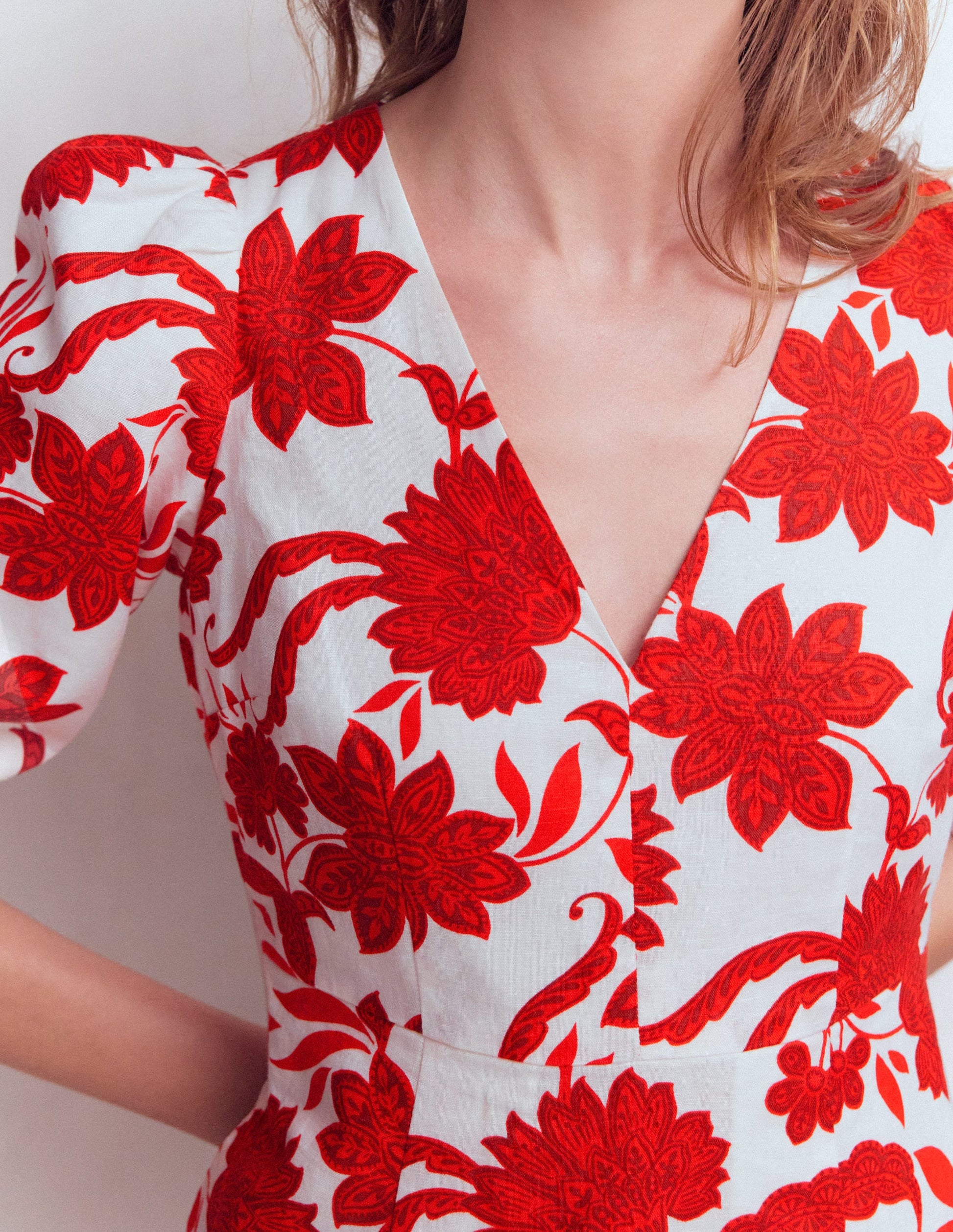 Marla Linen Blend Short Dress-Red Elegant Blossom-2