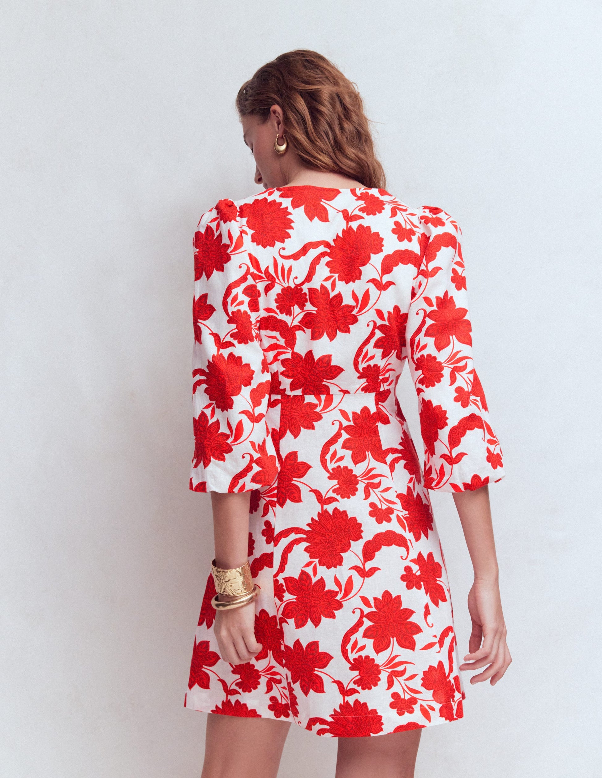 Marla Linen Blend Short Dress-Red Elegant Blossom-3