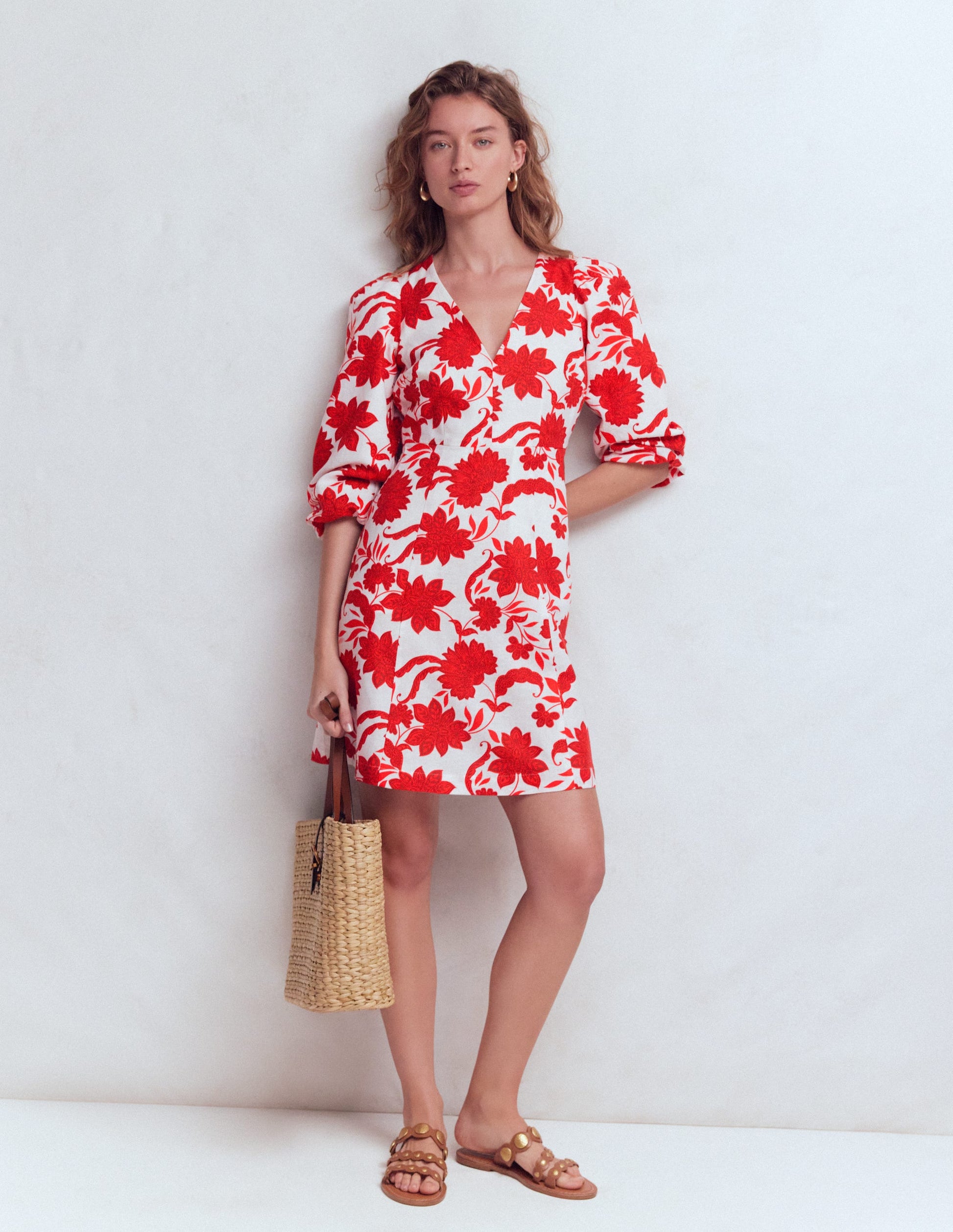 Marla Linen Blend Short Dress-Red Elegant Blossom-4