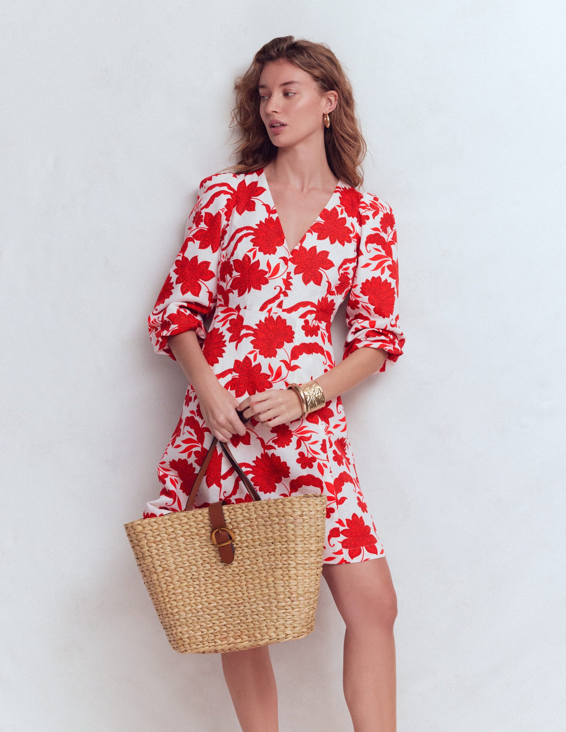 Marla Linen Blend Short Dress-Red Elegant Blossom-5