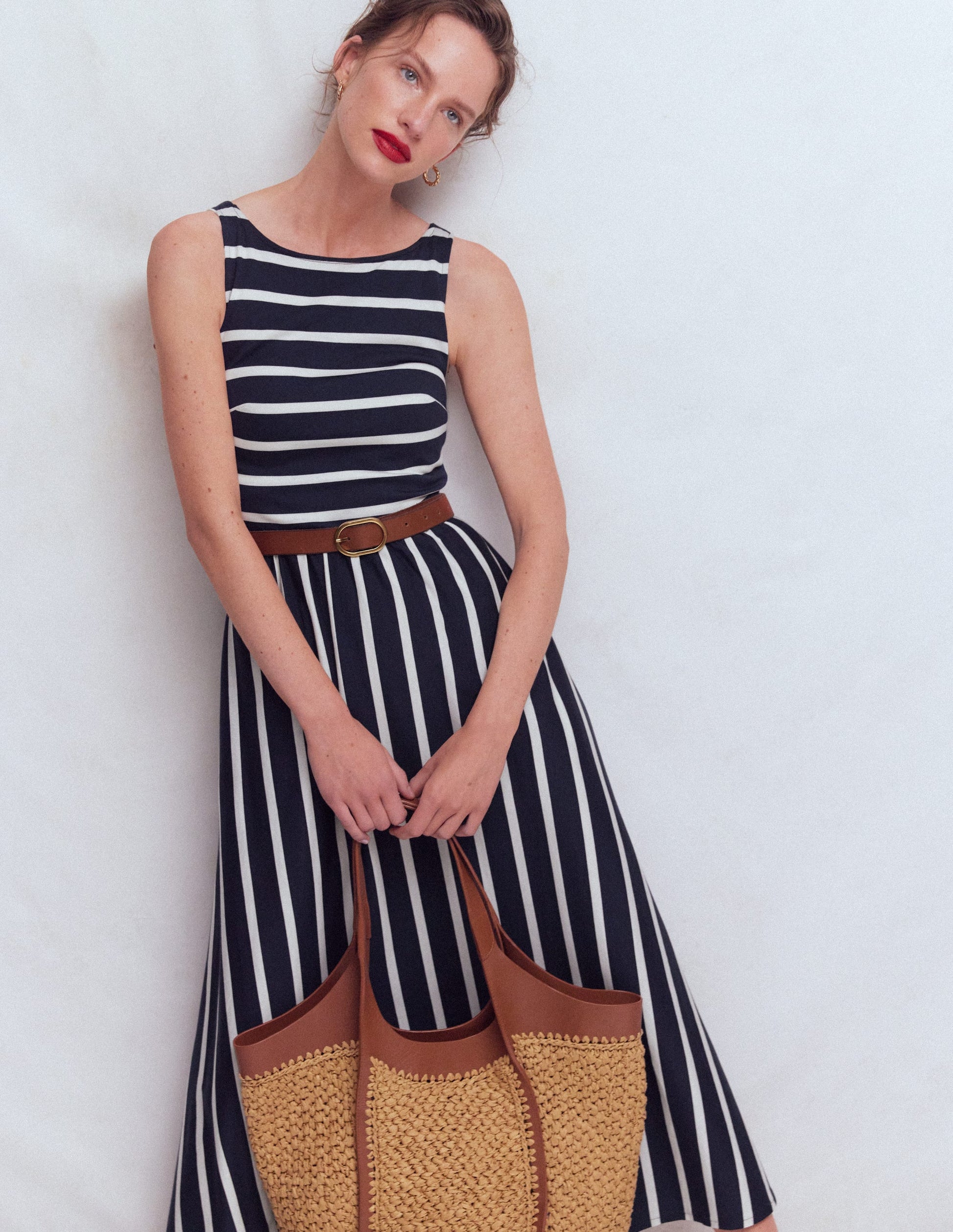 Saoirse Smock Back Dress-Navy, Ivory Stripe-2