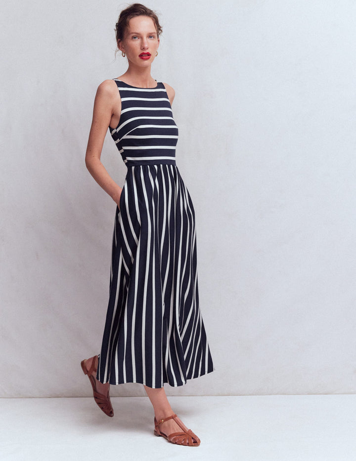Saoirse Smock Back Dress-Navy, Ivory Stripe