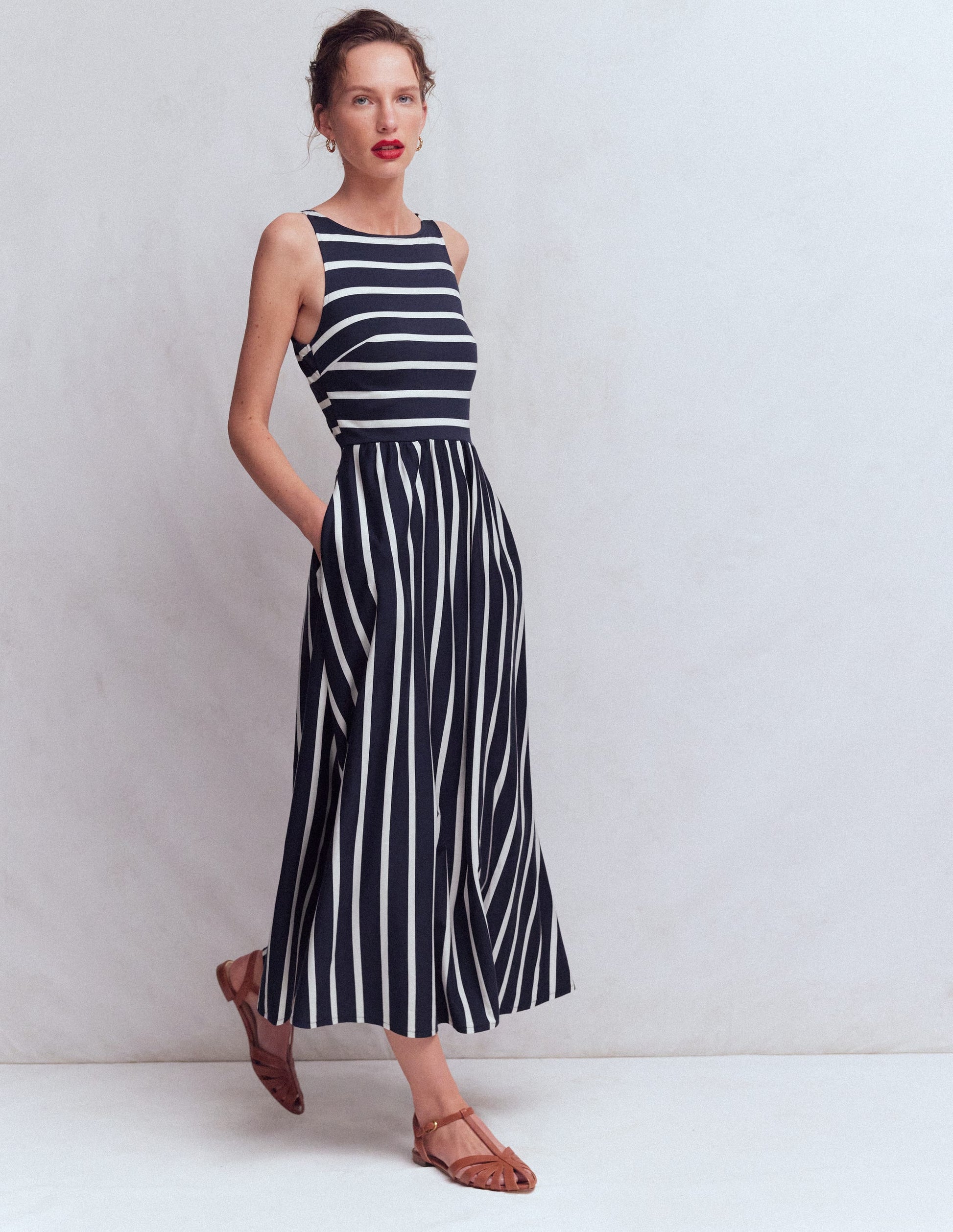 Saoirse Smock Back Dress-Navy, Ivory Stripe-1