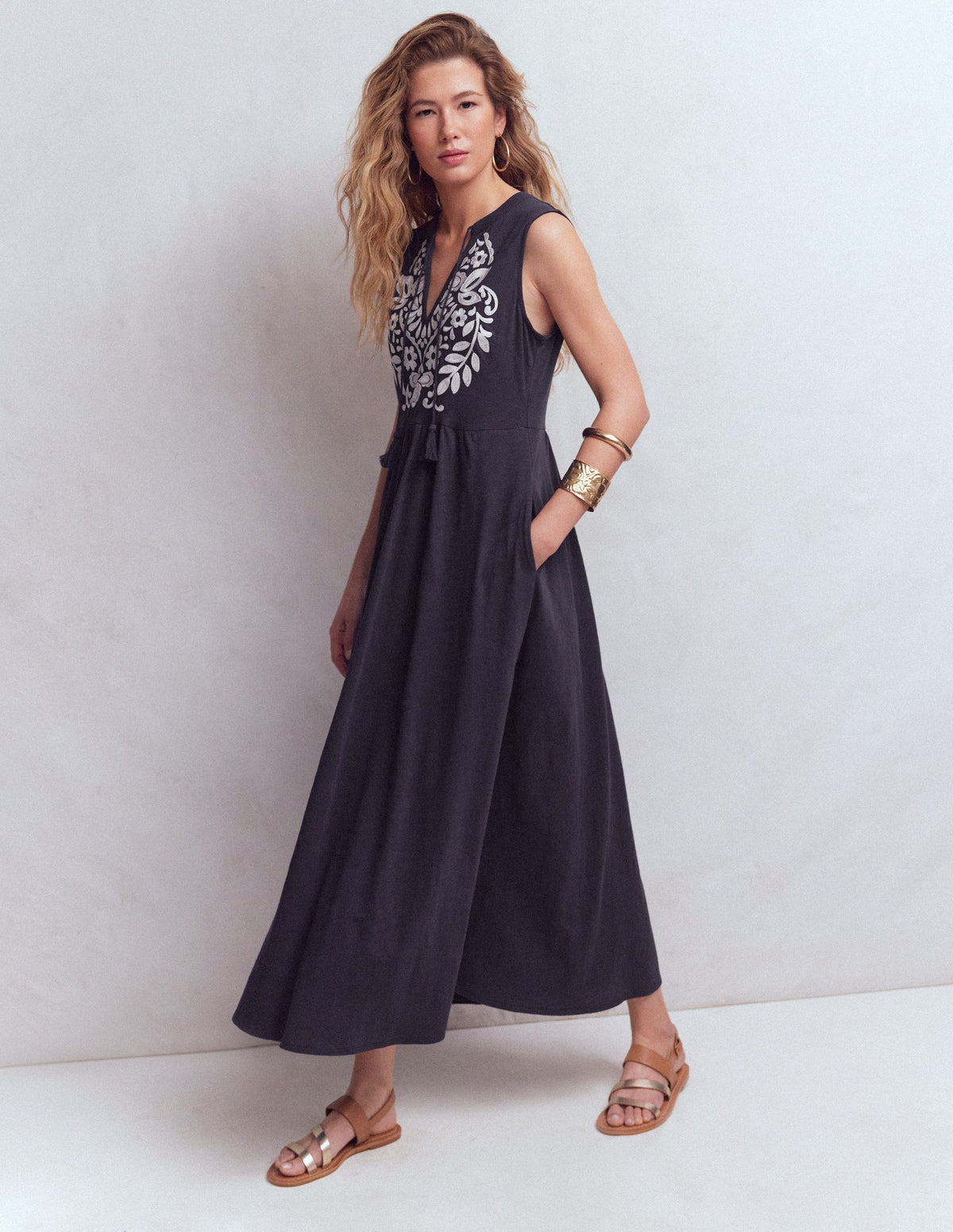 Notch Neck Jersey Maxi Dress-Navy - Image 4