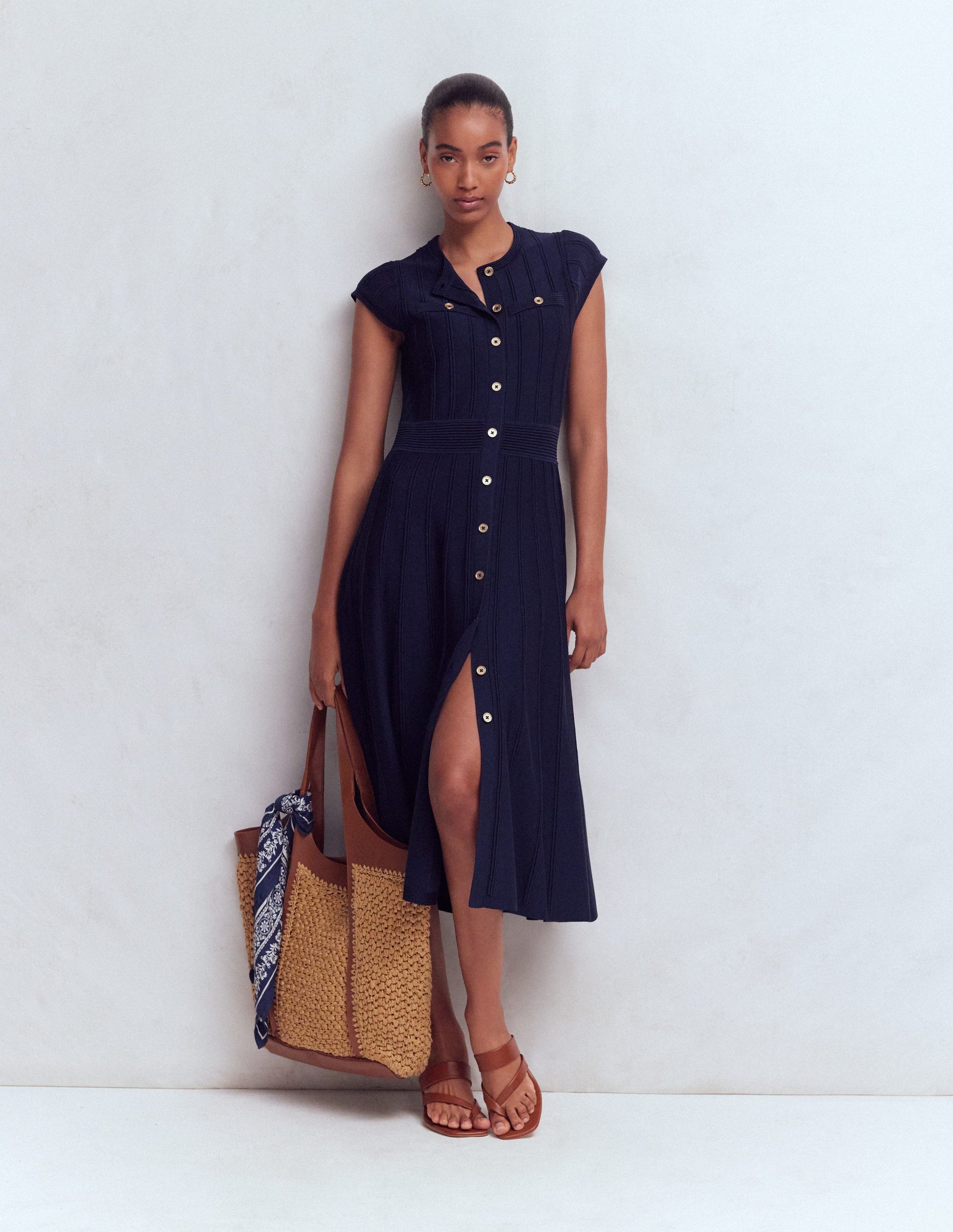 Cap Sleeve Knitted Dress-Navy-1