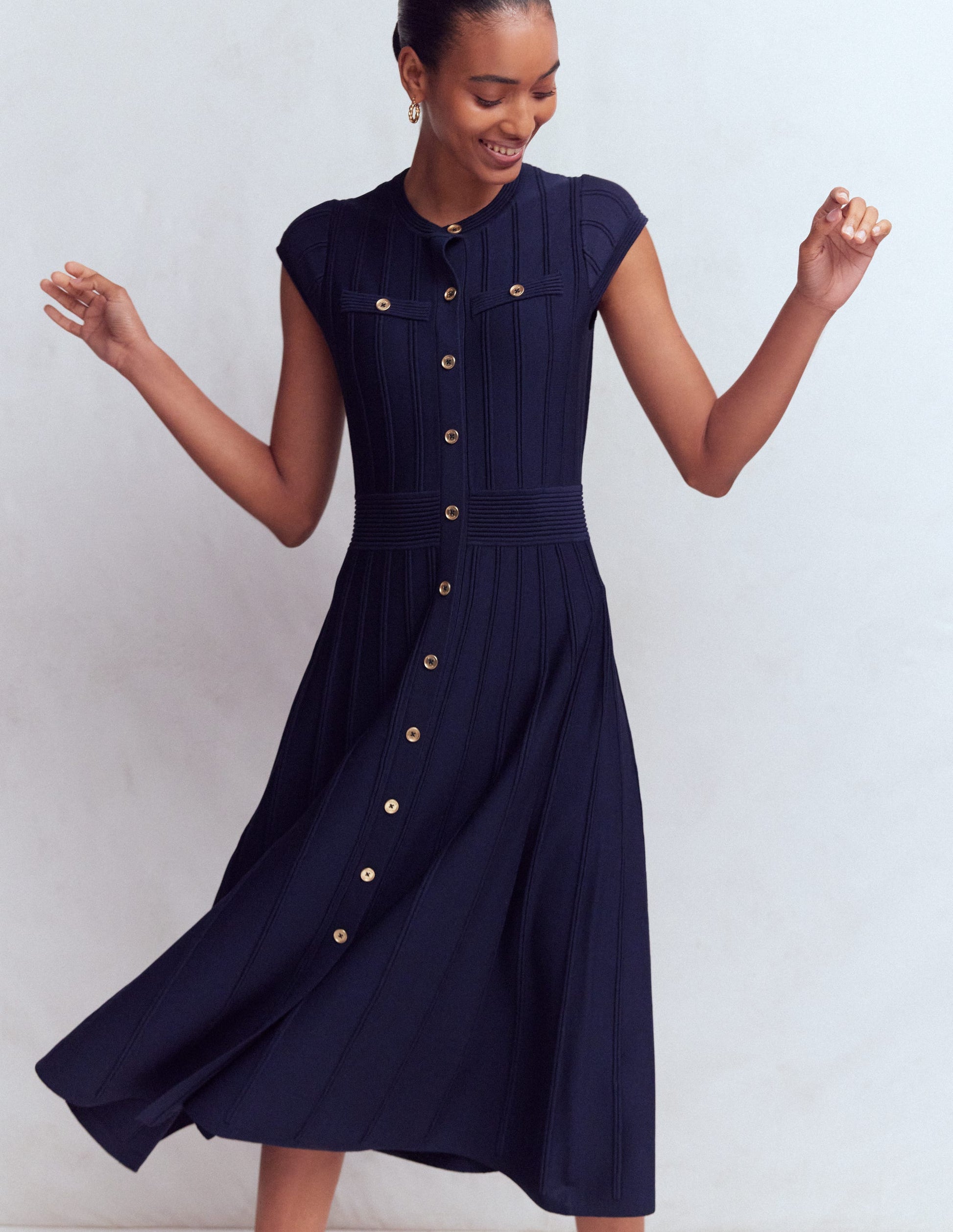 Cap Sleeve Knitted Dress-Navy-4