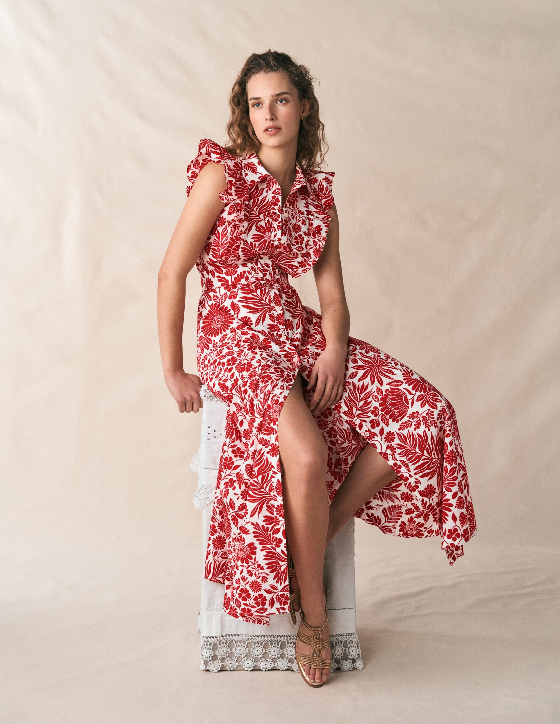 Ruffle Bodice Shirt Dress-Merida Red, Flowerbed Bloom-5