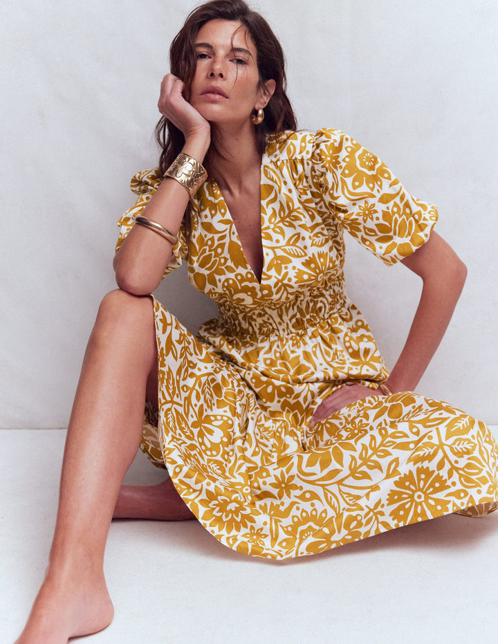 Irene Puff Sleeve Dress-Gold Wheat, Meadow Scatter