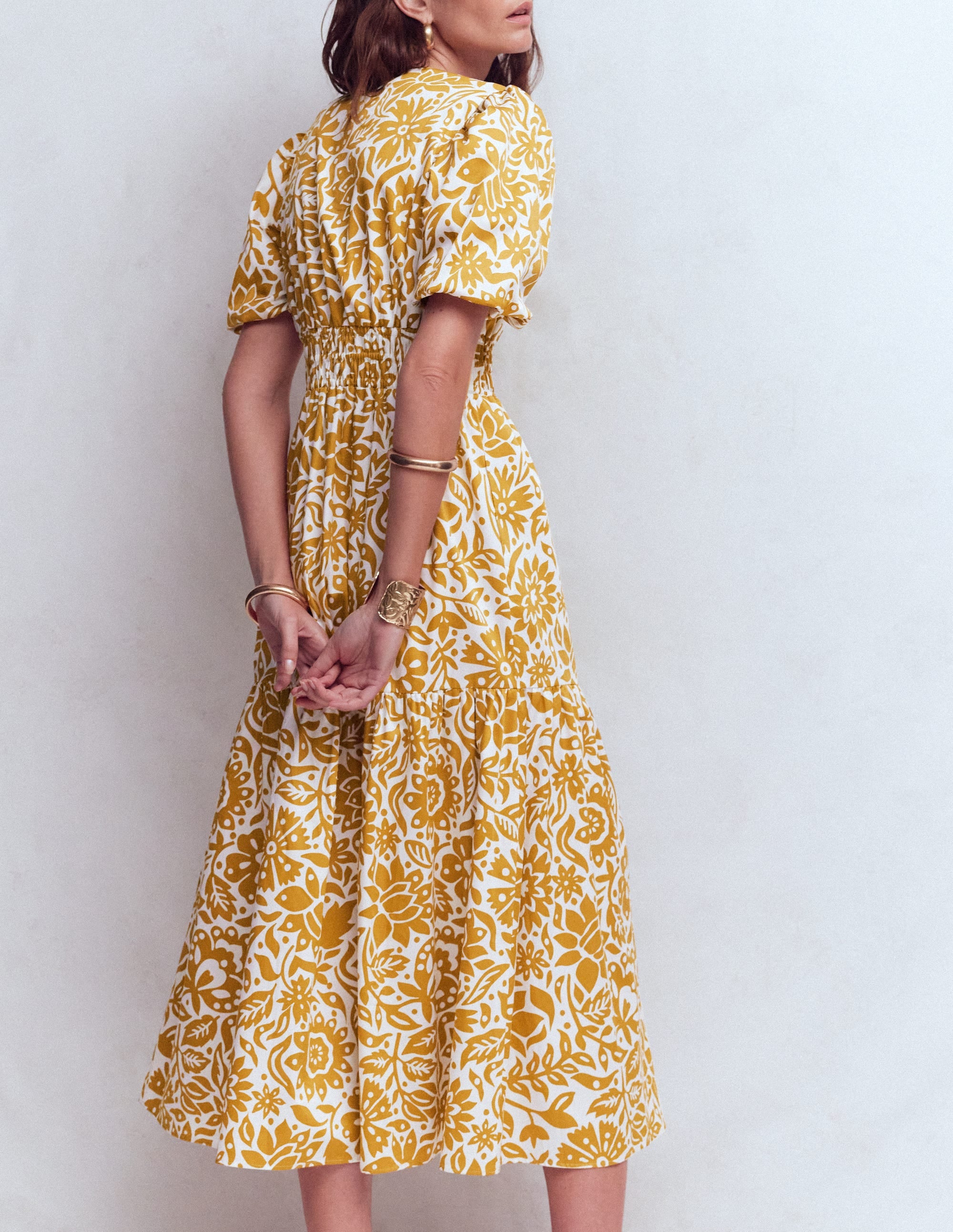 Irene Puff Sleeve Cotton Dress-Gold Wheat, Meadow Scatter - Image 4