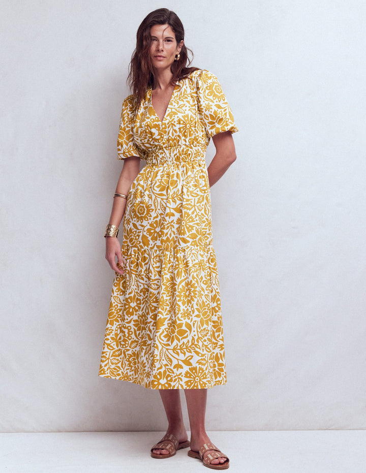 Irene Puff Sleeve Cotton Dress-Gold Wheat, Meadow Scatter