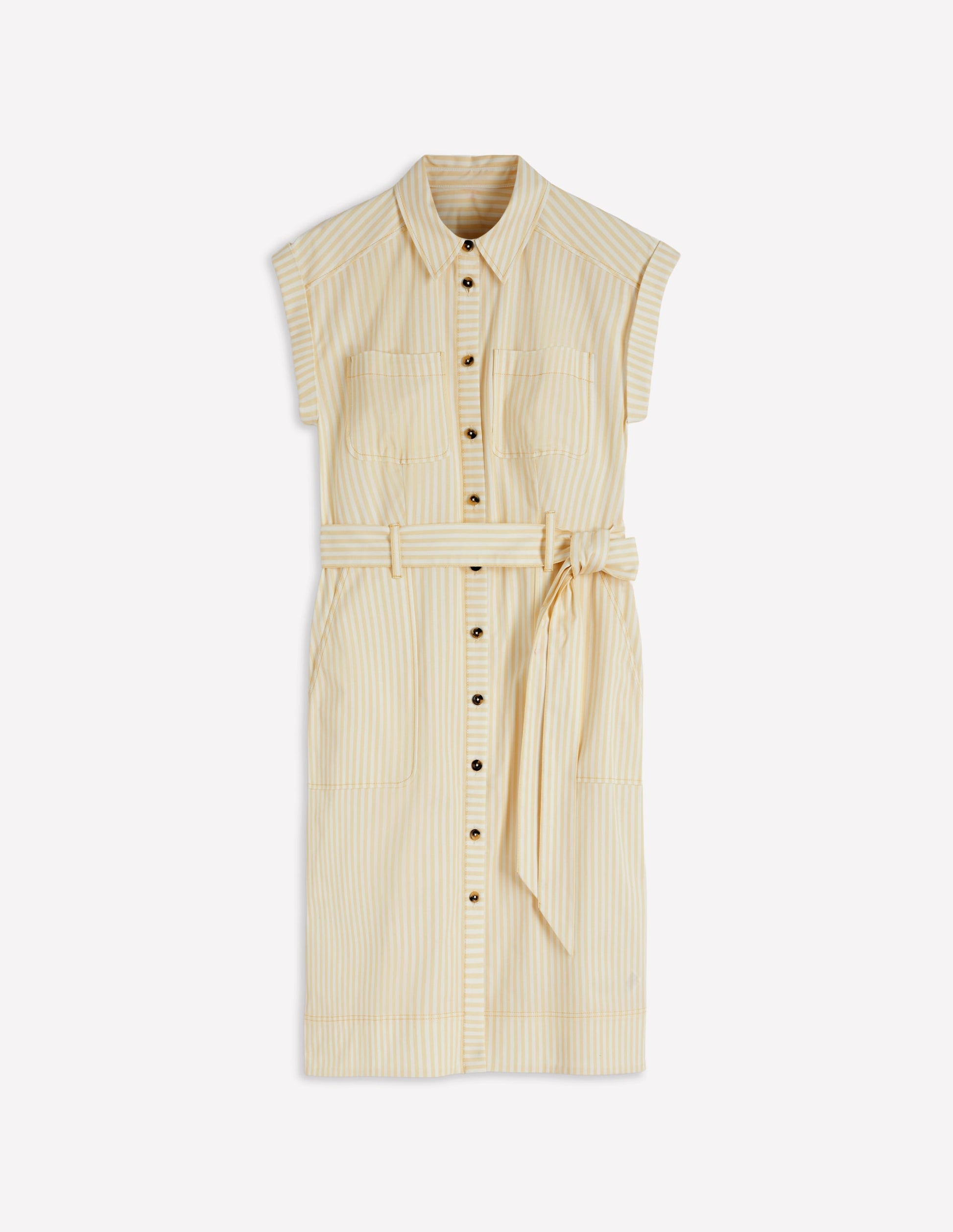 Short Belted Shirt Dress-Brown Fine Stripe-5