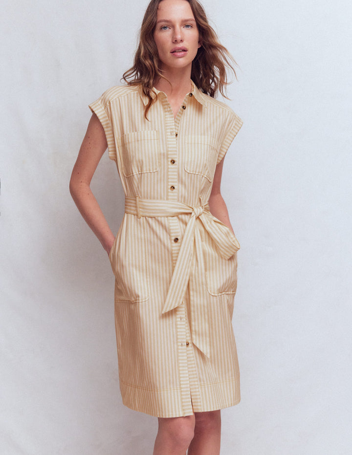 Short Belted Shirt Dress-Brown Fine Stripe