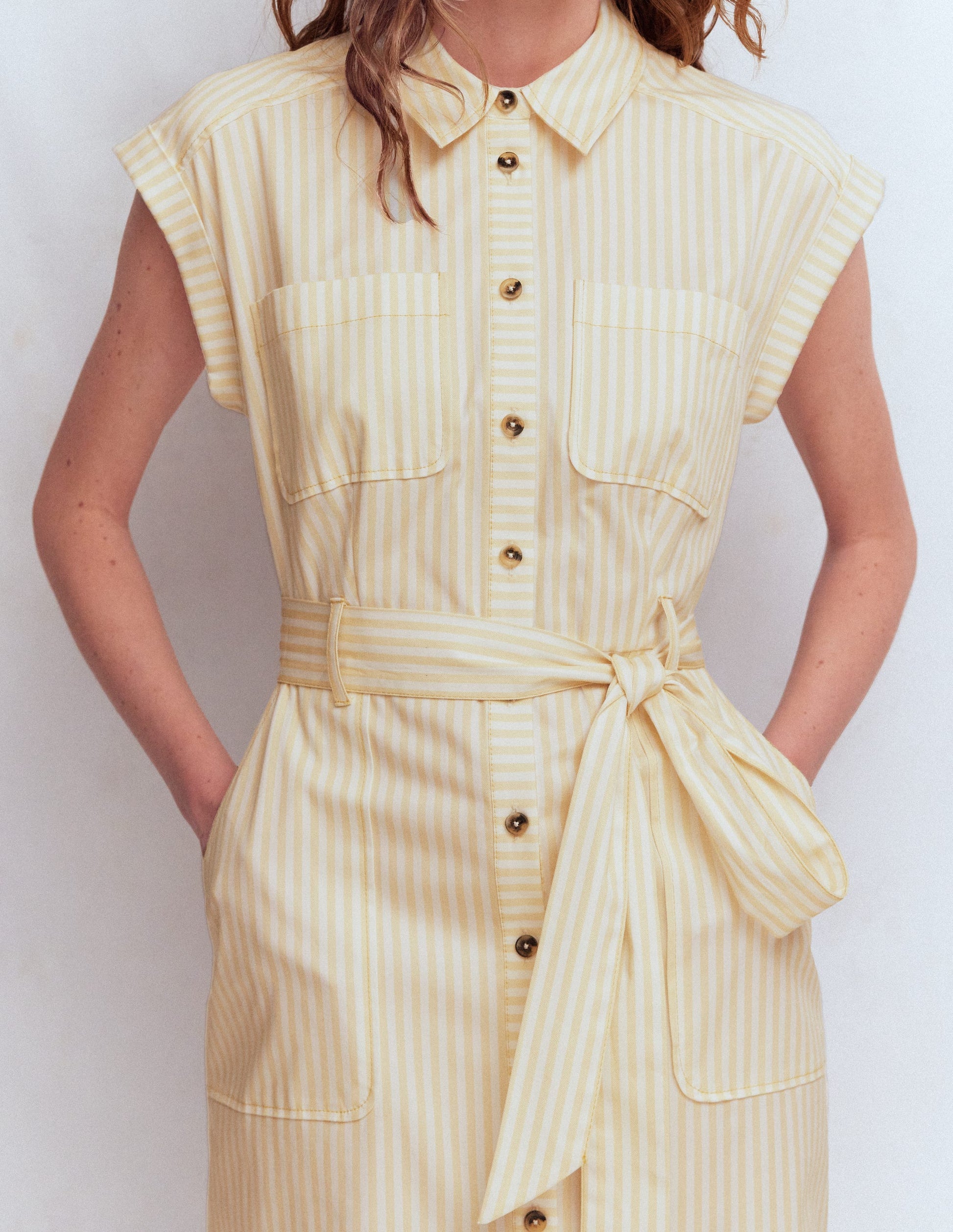 Short Belted Shirt Dress-Brown Fine Stripe-2