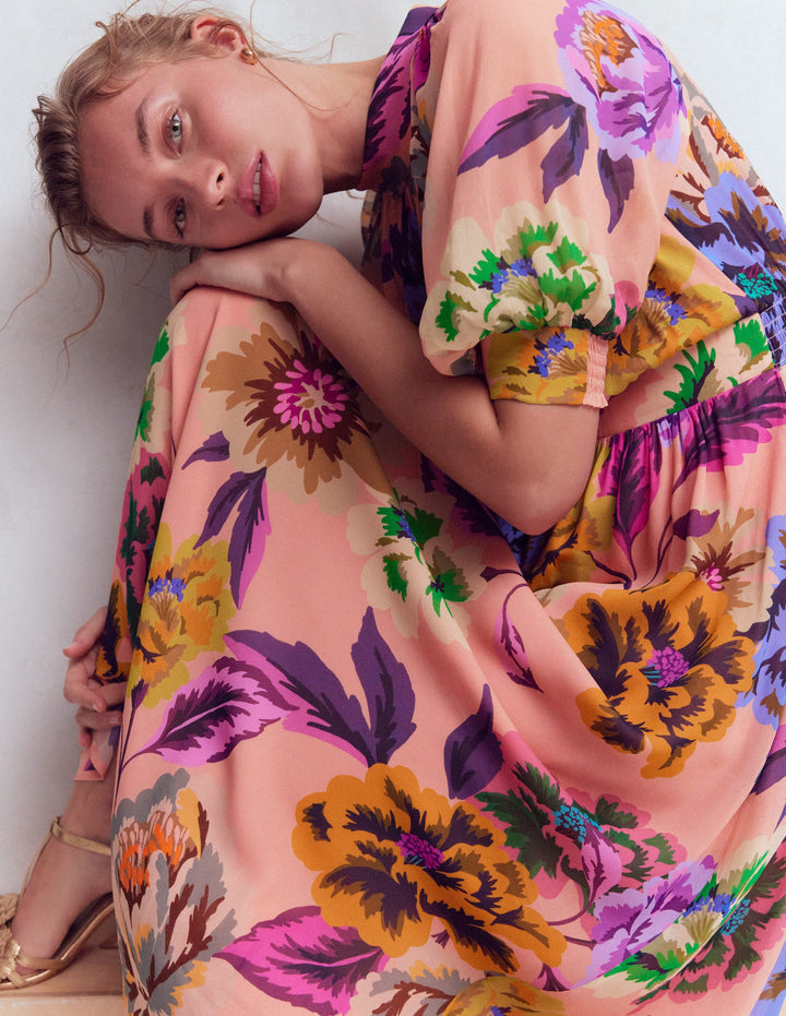 High Neck Blouson Sleeve Dress-Large Pink Floral