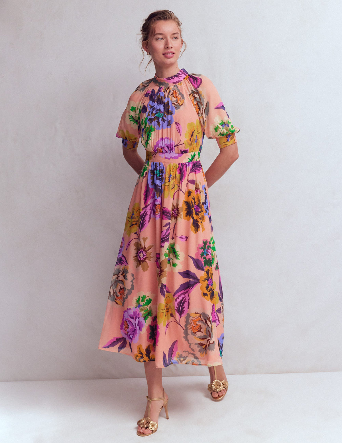 High Neck Blouson Sleeve Dress-Multi Opulent Blossom - Image 2