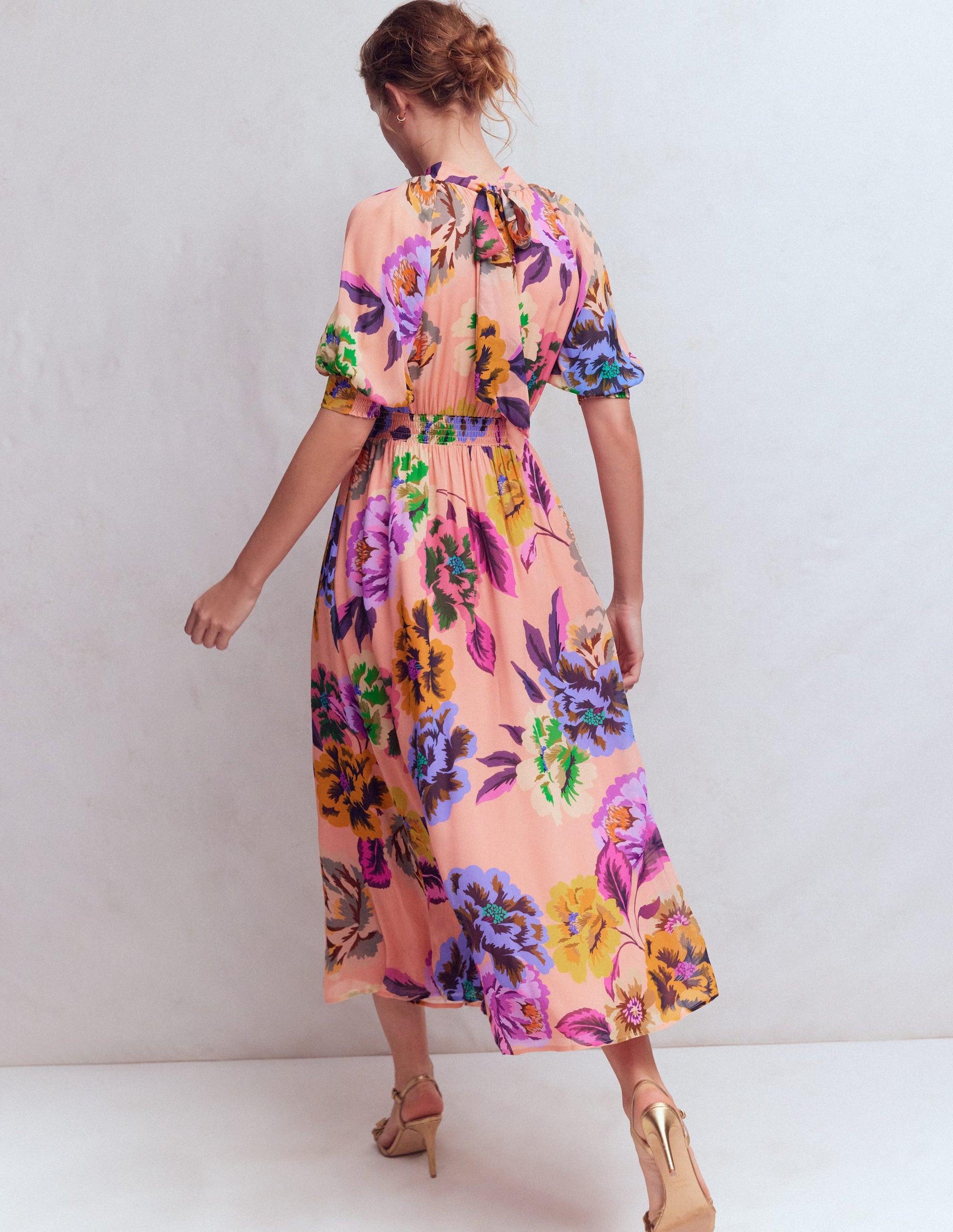 High Neck Blouson Sleeve Dress-Multi Opulent Blossom-4