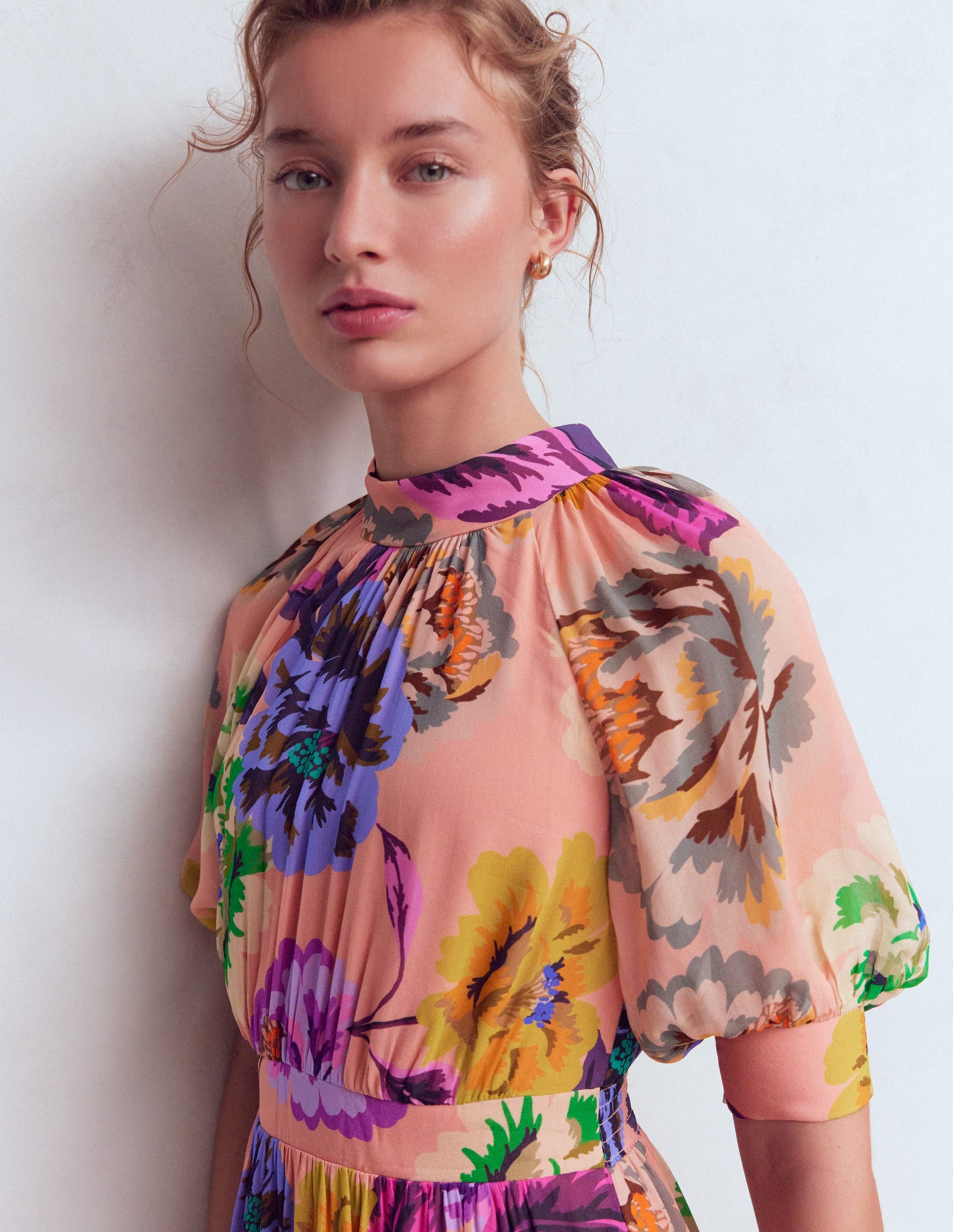 High Neck Blouson Sleeve Dress-Multi Opulent Blossom-4