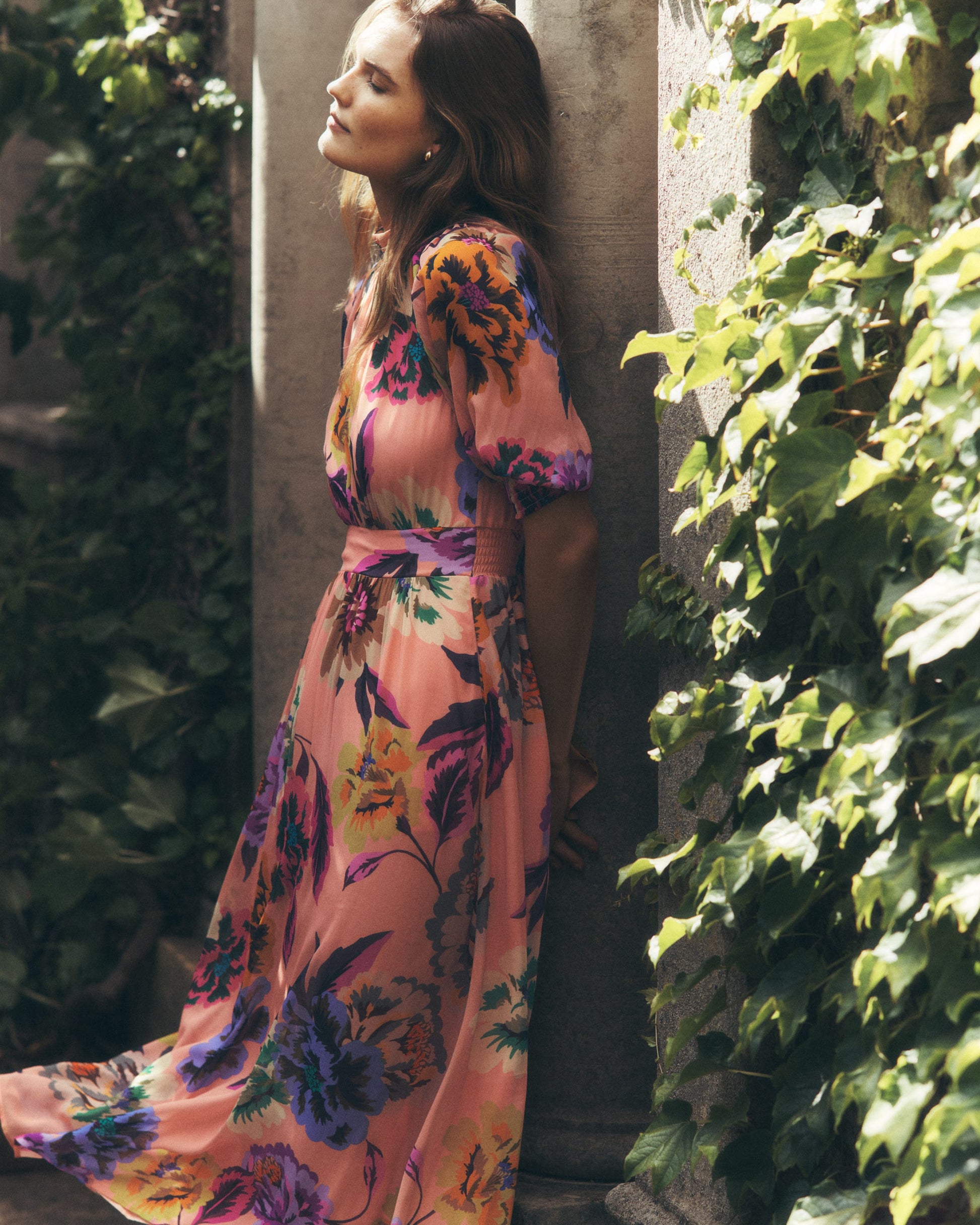 High Neck Blouson Sleeve Dress-Multi Opulent Blossom-1