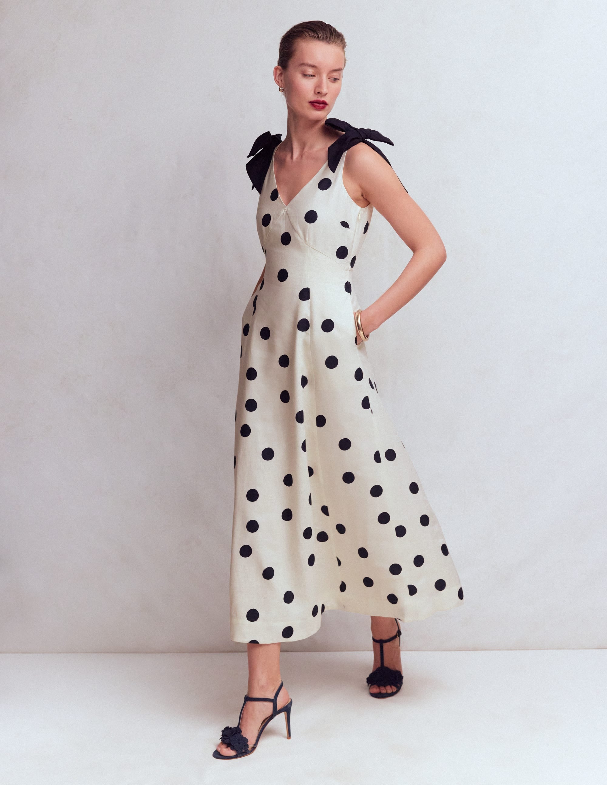 Bow Detail Linen Empire Dress-Ivory Painted Dot Spaced - Image 1