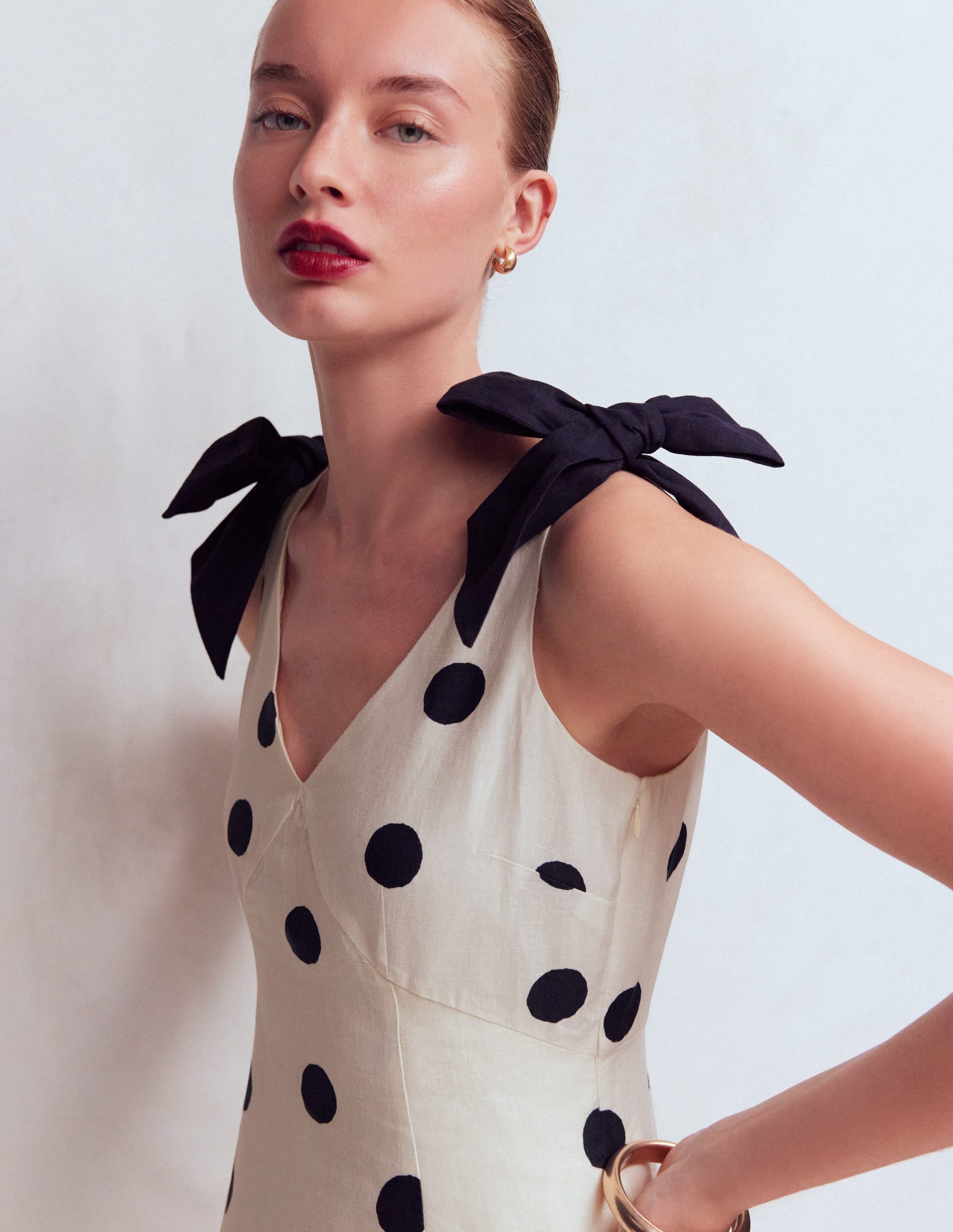 Bow Detail Linen Empire Dress-Ivory Painted Dot Spaced - Image 2