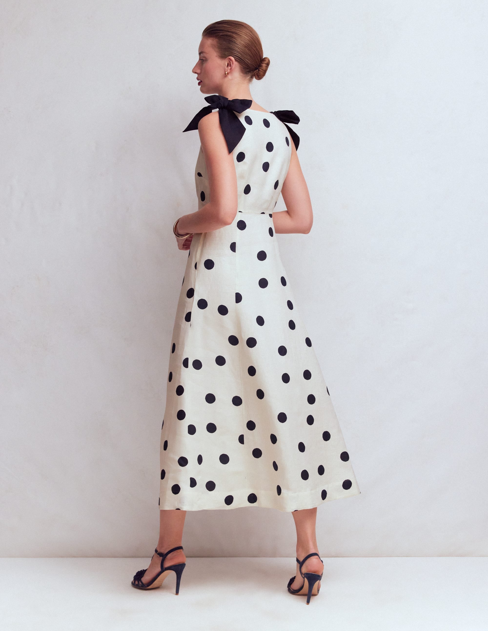 Bow Detail Linen Empire Dress-Ivory Painted Dot Spaced - Image 3