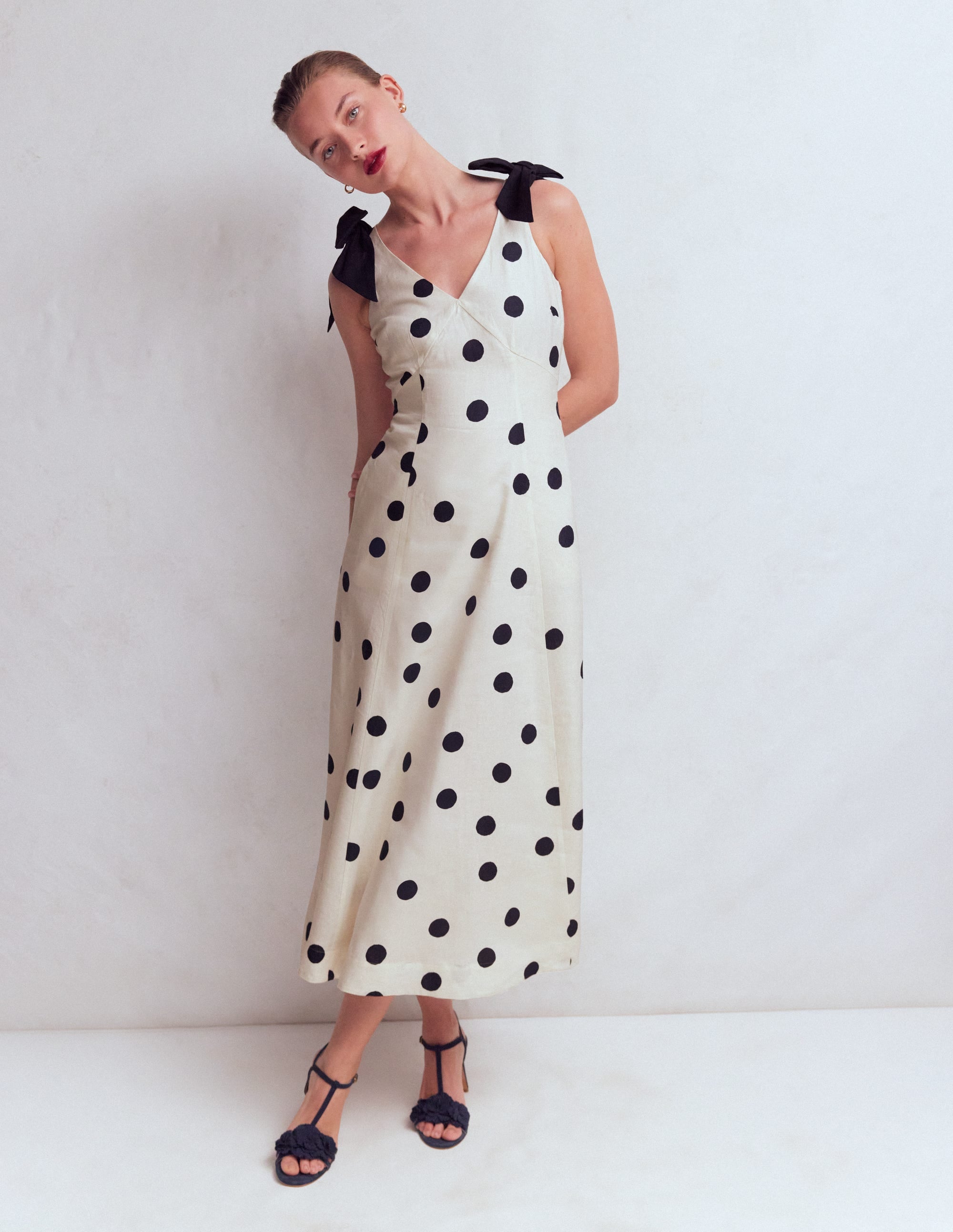 Bow Detail Linen Empire Dress-Ivory Painted Dot Spaced - Image 4