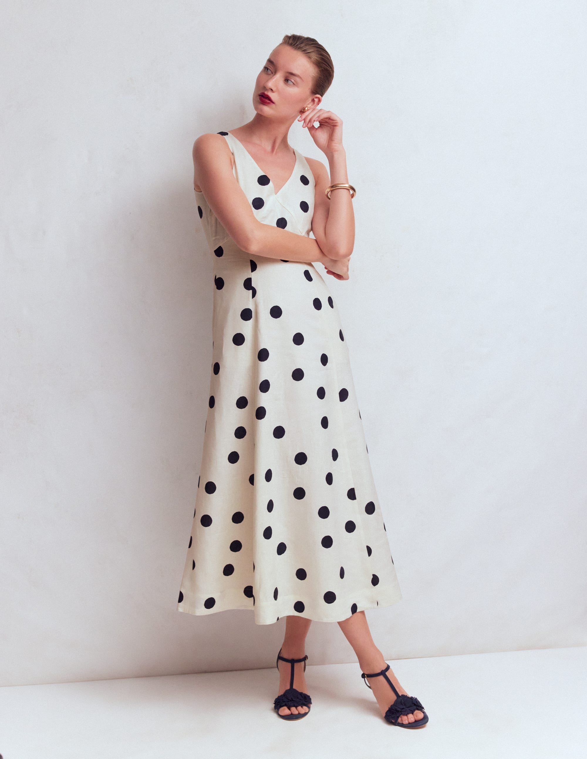 Bow Detail Linen Empire Dress-Ivory Painted Dot Spaced - Image 5