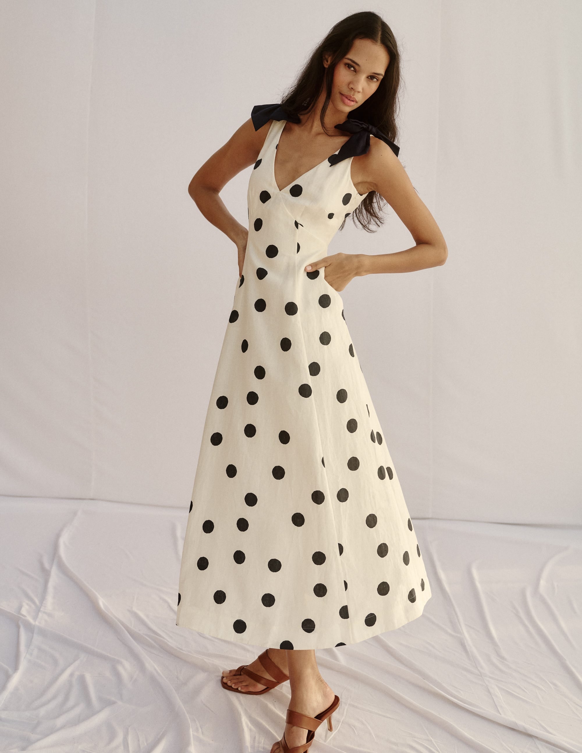 Bow Detail Linen Empire Dress-Ivory Painted Dot Spaced - Image 6